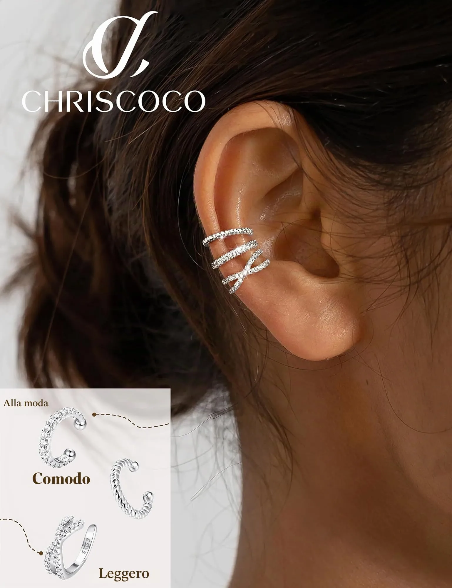 Chriscoco 3Pcs Ear Cuff Argento 925 Orecchini Senza Buco Donna Regolabile - immagine 4