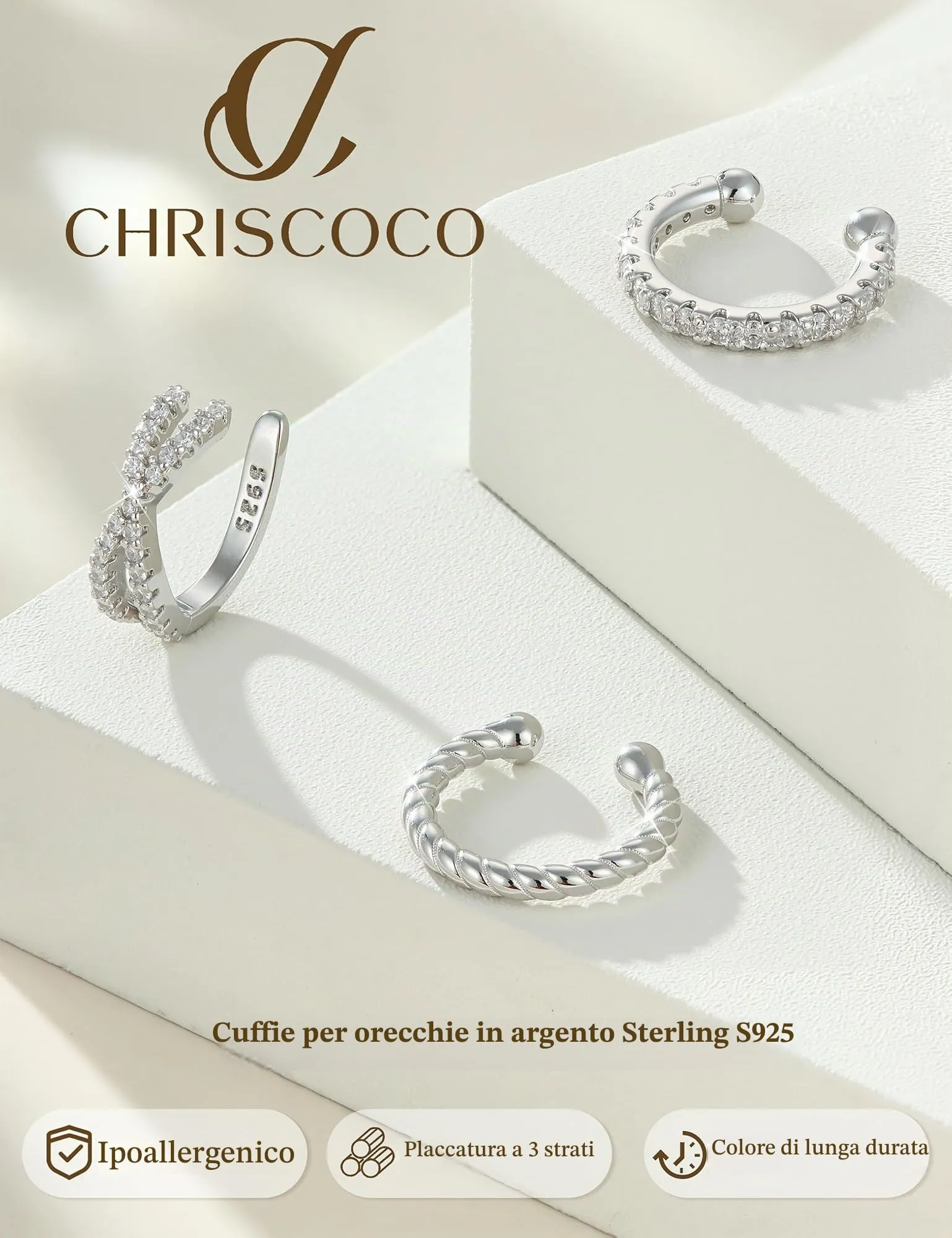 Chriscoco 3Pcs Ear Cuff Argento 925 Orecchini Senza Buco Donna Regolabile - immagine 6