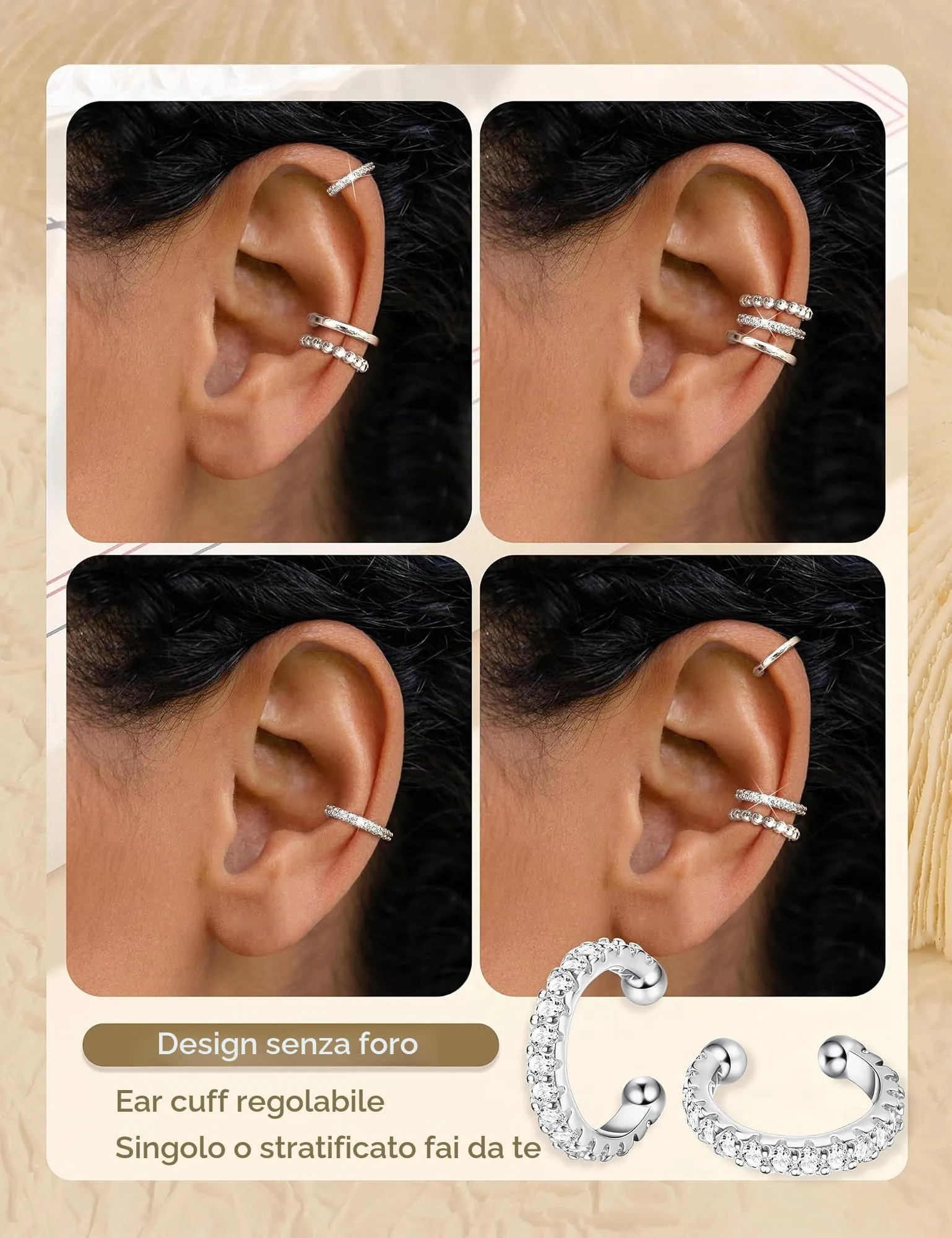 Chriscoco 3Pcs Ear Cuff Argento 925 Orecchini Senza Buco Donna Regolabile - immagine 3