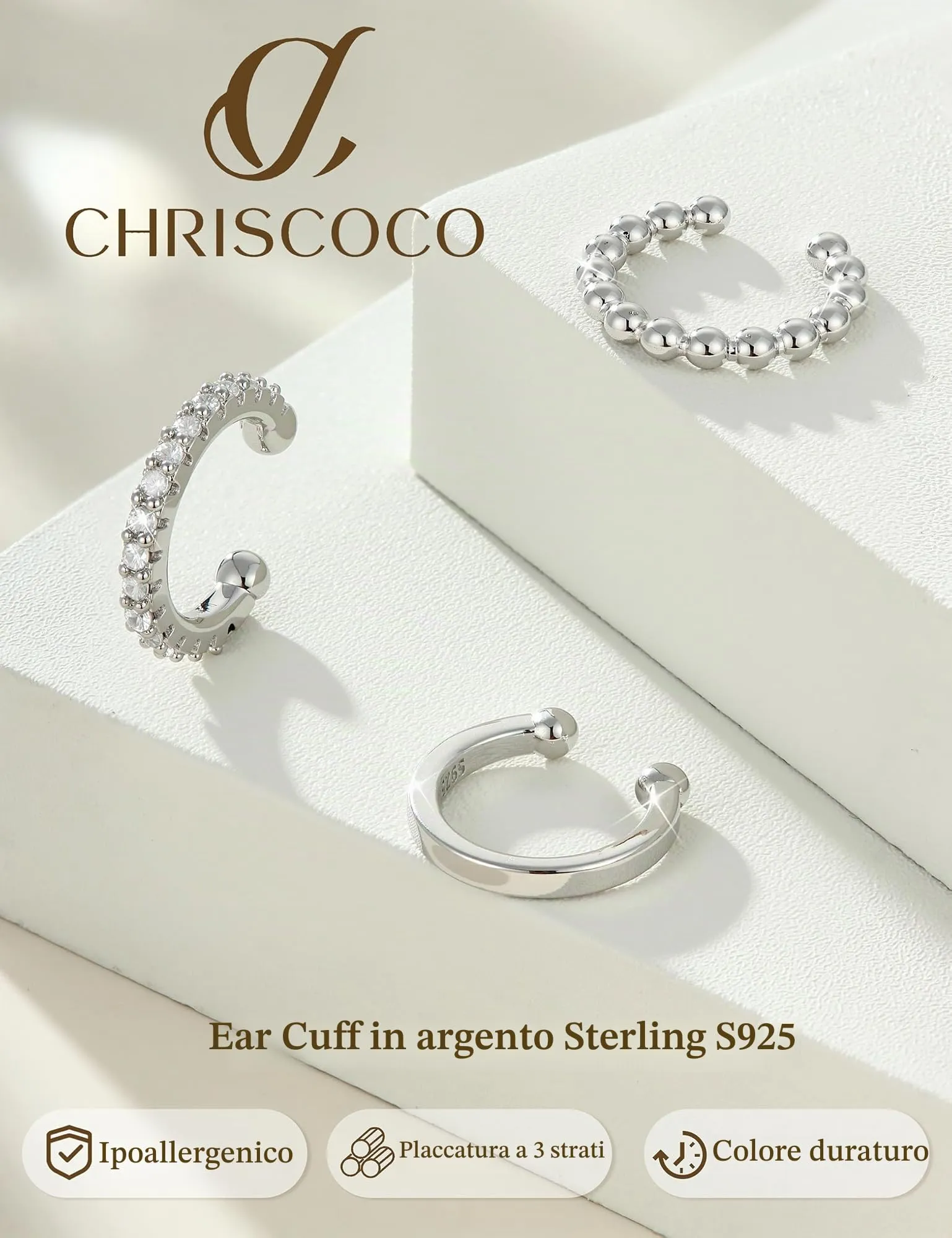 Chriscoco 3Pcs Ear Cuff Argento 925 Orecchini Senza Buco Donna Regolabile - immagine 6