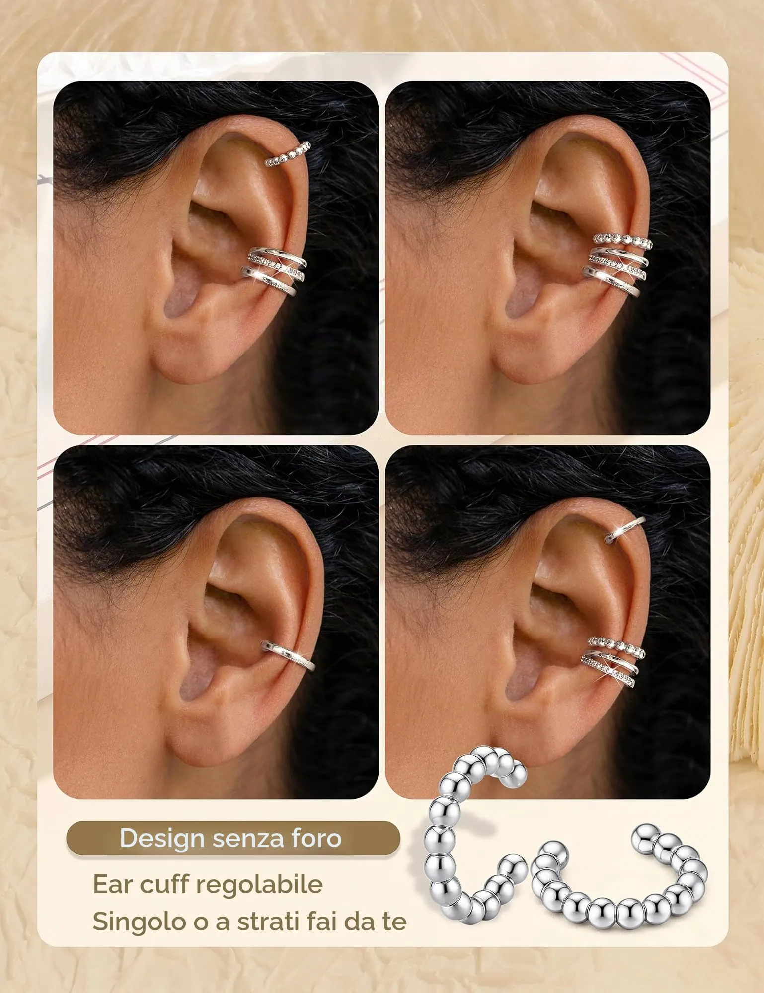 Chriscoco 3Pcs Ear Cuff Argento 925 Orecchini Senza Buco Donna Regolabile - immagine 3