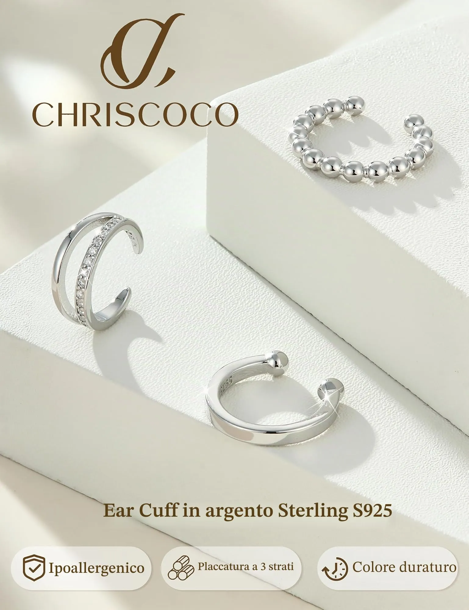 Chriscoco 3Pcs Ear Cuff Argento 925 Orecchini Senza Buco Donna Regolabile - immagine 6
