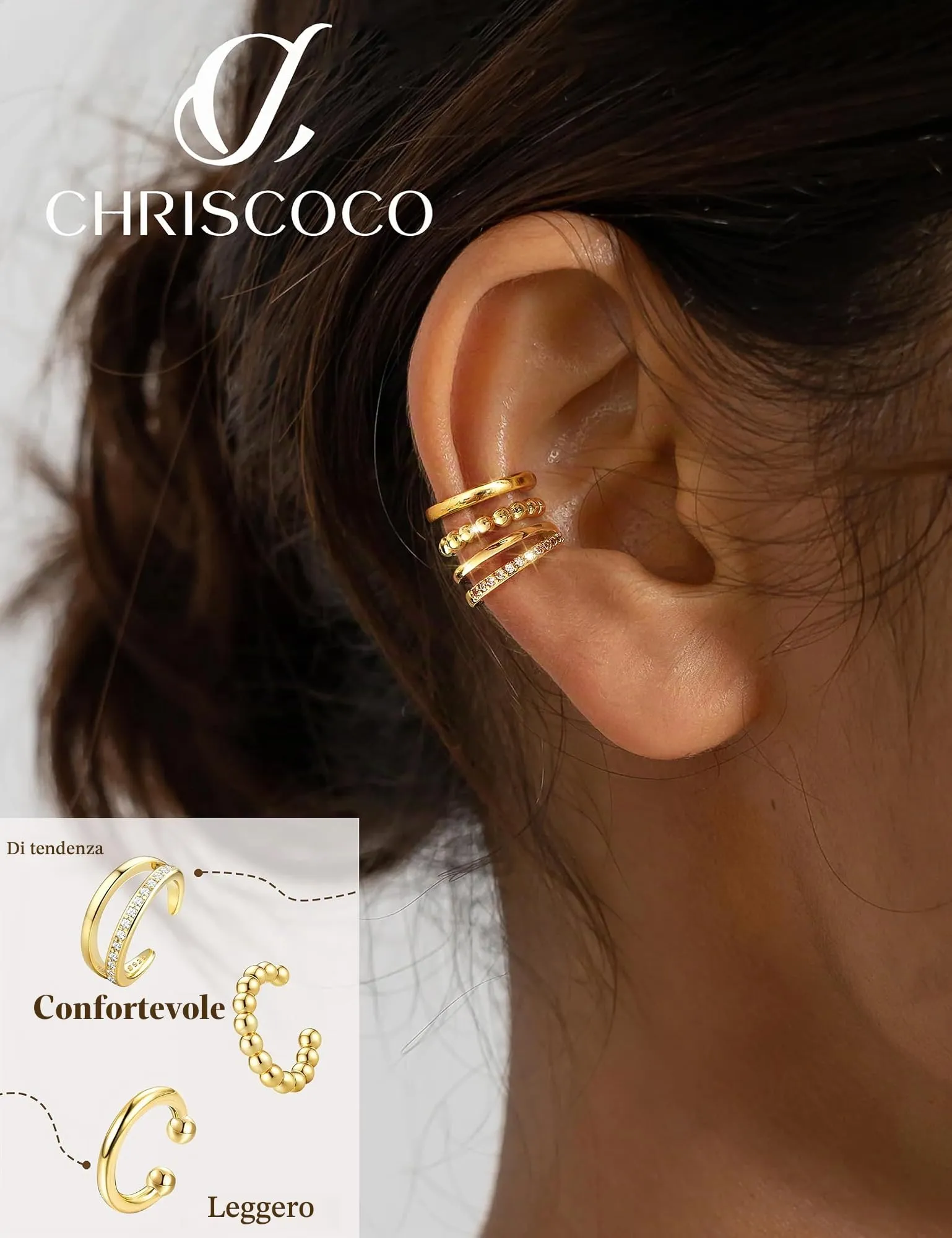 Chriscoco 3Pcs Ear Cuff Argento 925 Orecchini Senza Buco Donna Regolabile - immagine 4