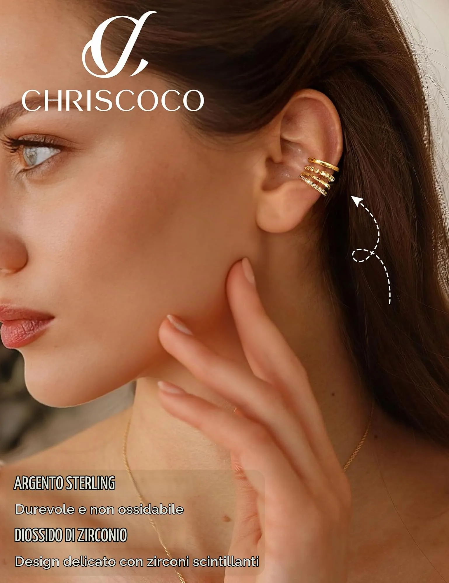 Chriscoco 3Pcs Ear Cuff Argento 925 Orecchini Senza Buco Donna Regolabile - immagine 5