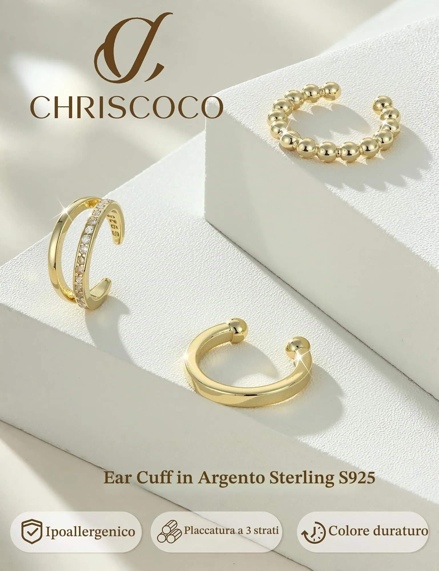 Chriscoco 3Pcs Ear Cuff Argento 925 Orecchini Senza Buco Donna Regolabile - immagine 6