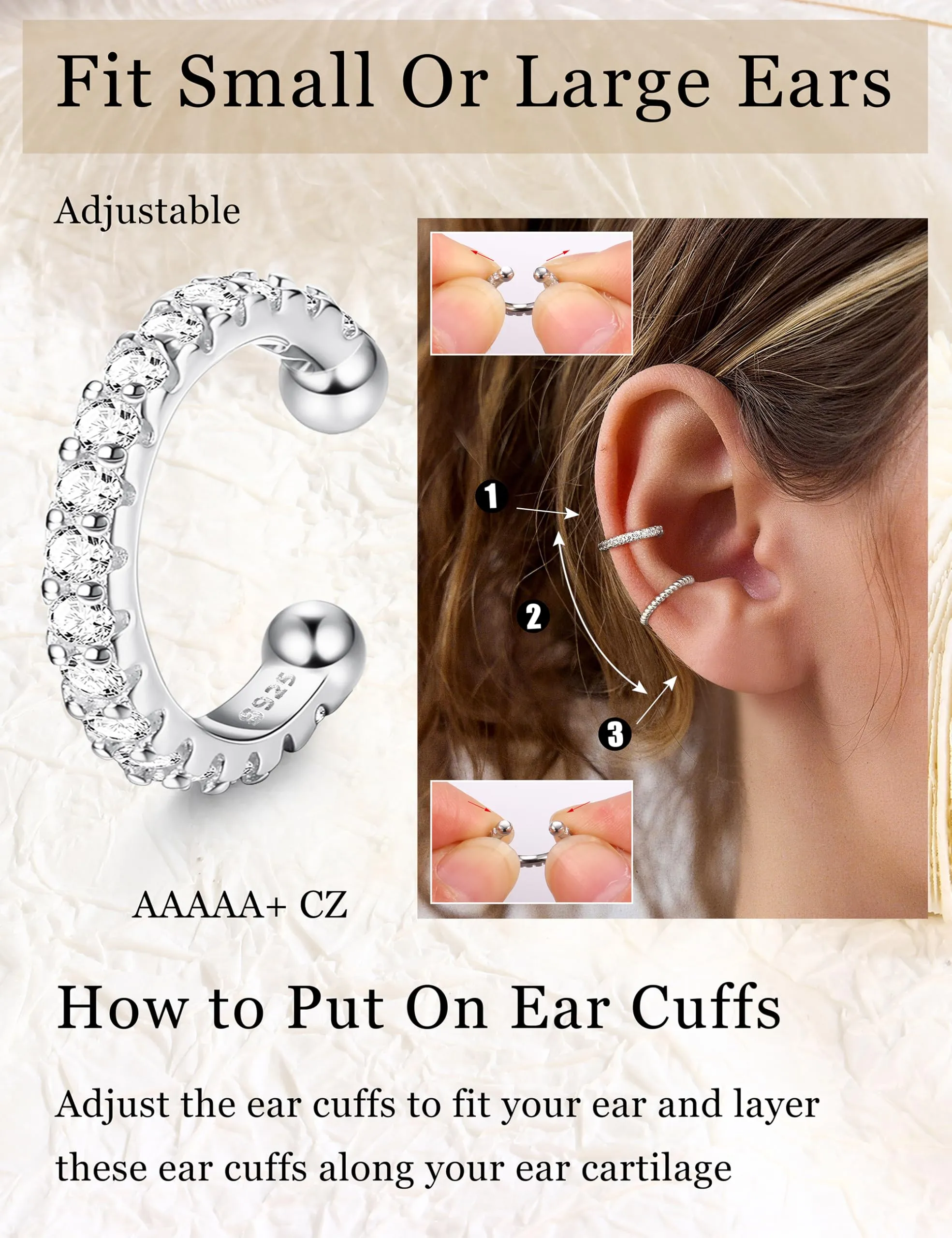 Chriscoco 3Pcs Ear Cuff Argento 925 Orecchini Senza Buco Donna Regolabile - immagine 2