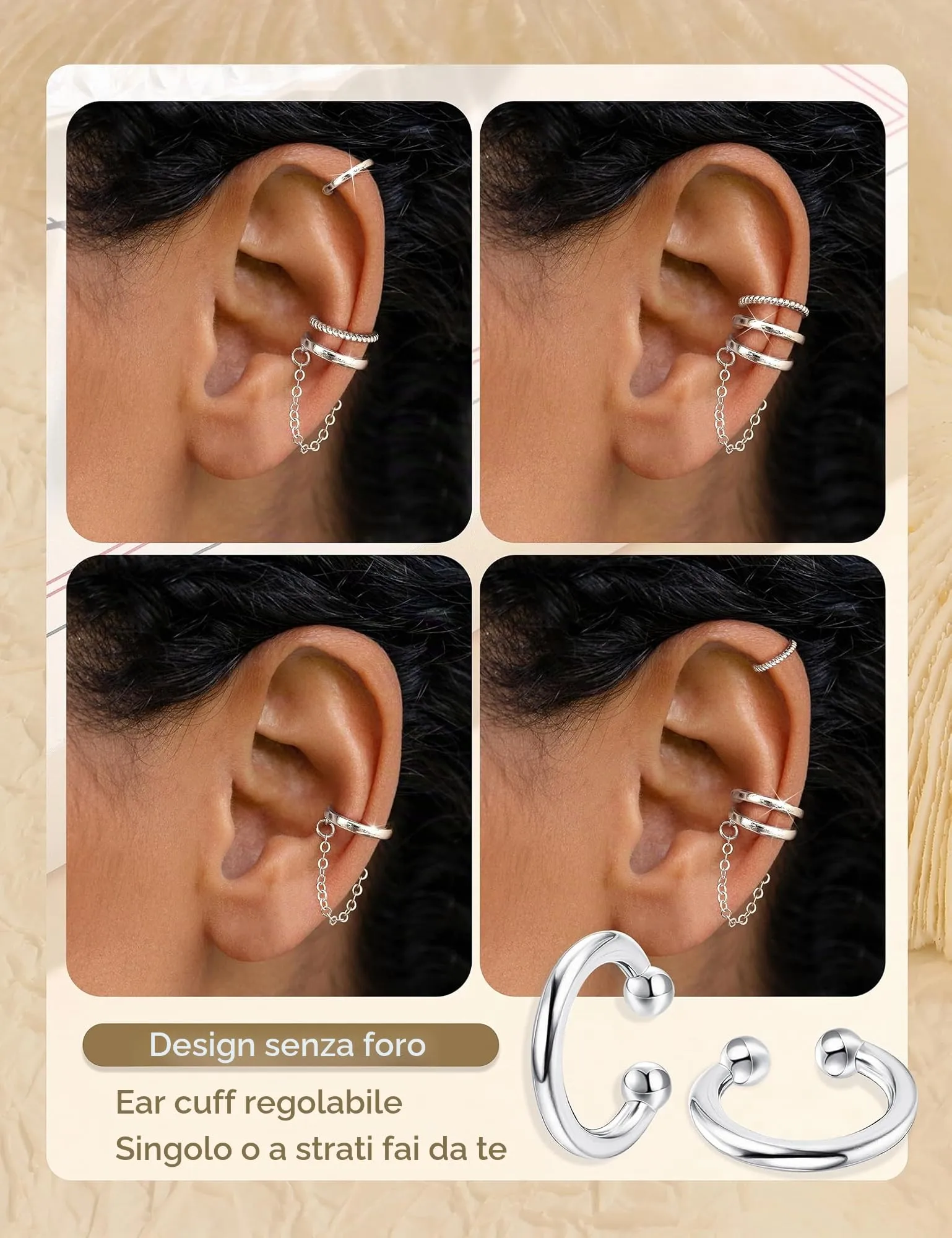 Chriscoco 3Pcs Ear Cuff Argento 925 Orecchini Senza Buco Donna Regolabile - immagine 3