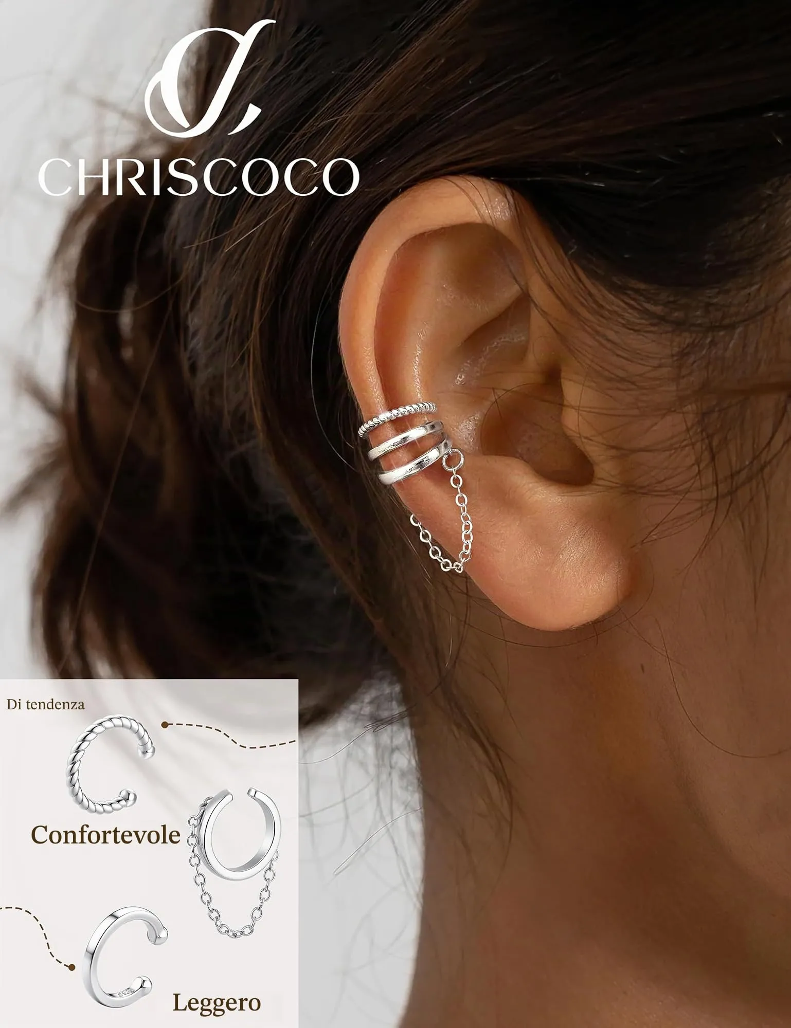 Chriscoco 3Pcs Ear Cuff Argento 925 Orecchini Senza Buco Donna Regolabile - immagine 4