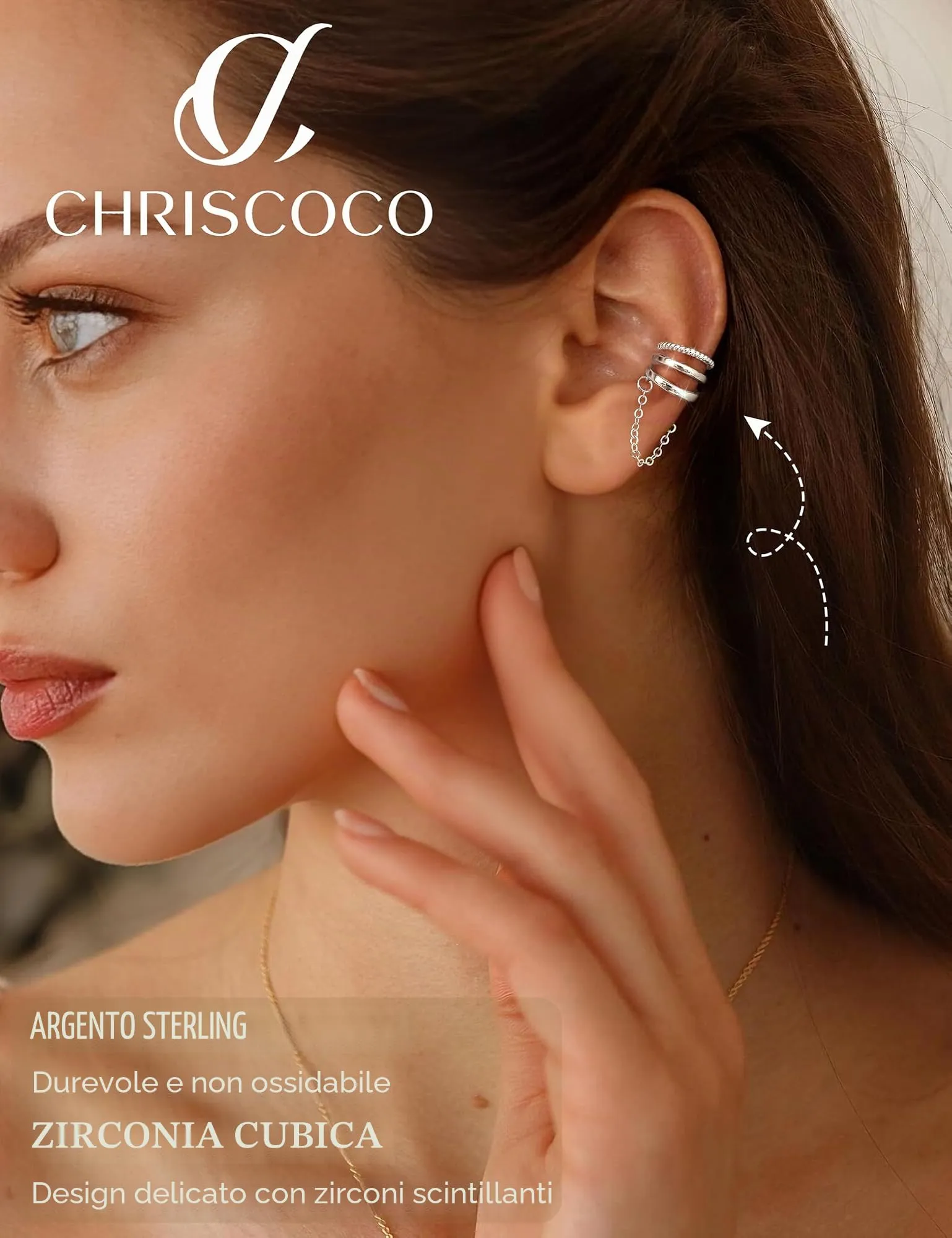 Chriscoco 3Pcs Ear Cuff Argento 925 Orecchini Senza Buco Donna Regolabile - immagine 5