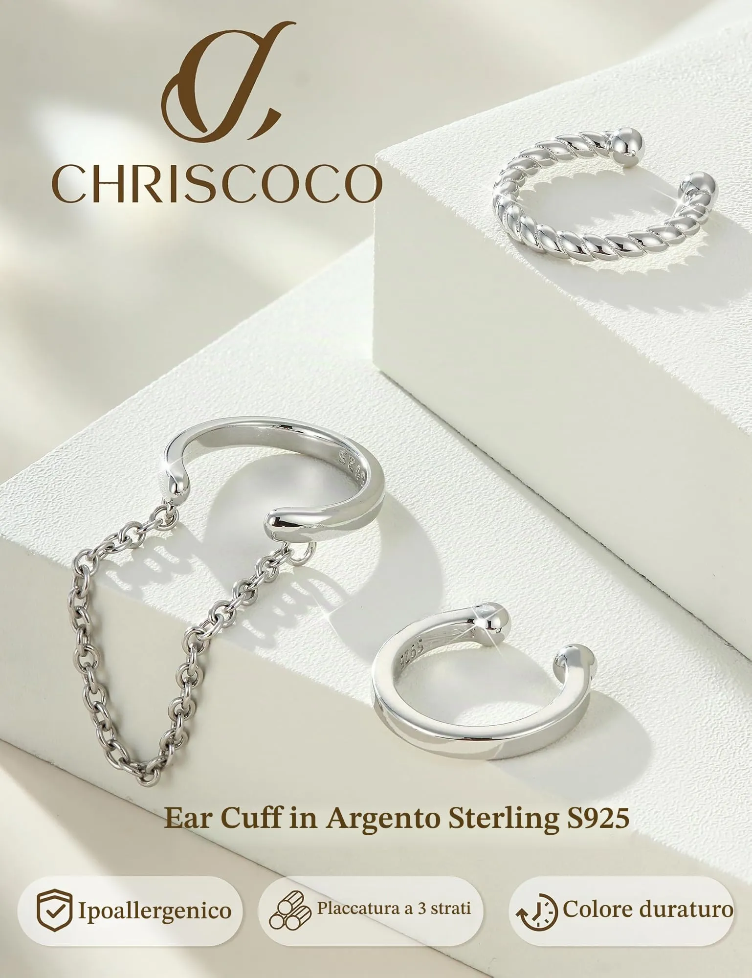 Chriscoco 3Pcs Ear Cuff Argento 925 Orecchini Senza Buco Donna Regolabile - immagine 6