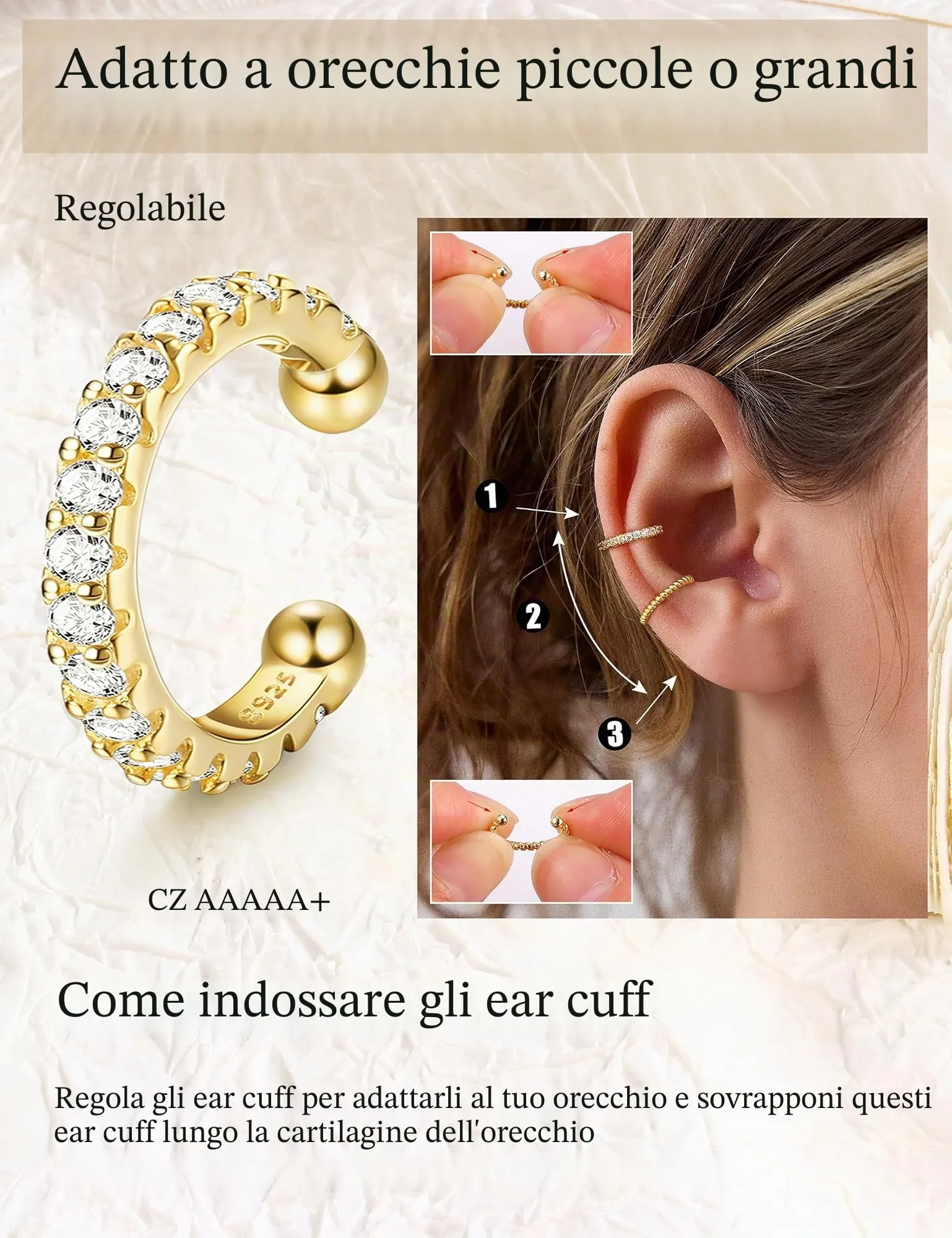 Chriscoco 3Pcs Ear Cuff Argento 925 Orecchini Senza Buco Donna Regolabile - immagine 2