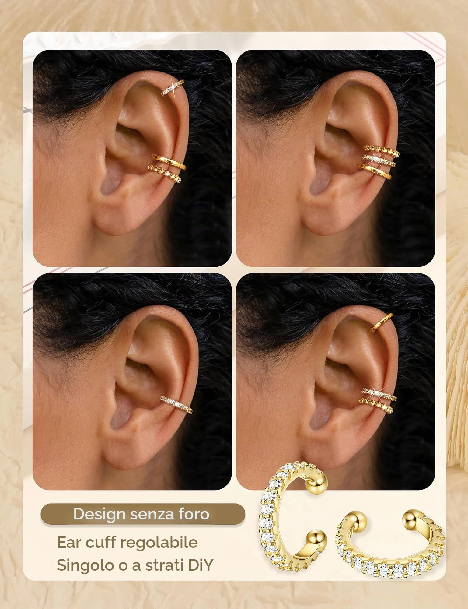Chriscoco 3Pcs Ear Cuff Argento 925 Orecchini Senza Buco Donna Regolabile - immagine 3