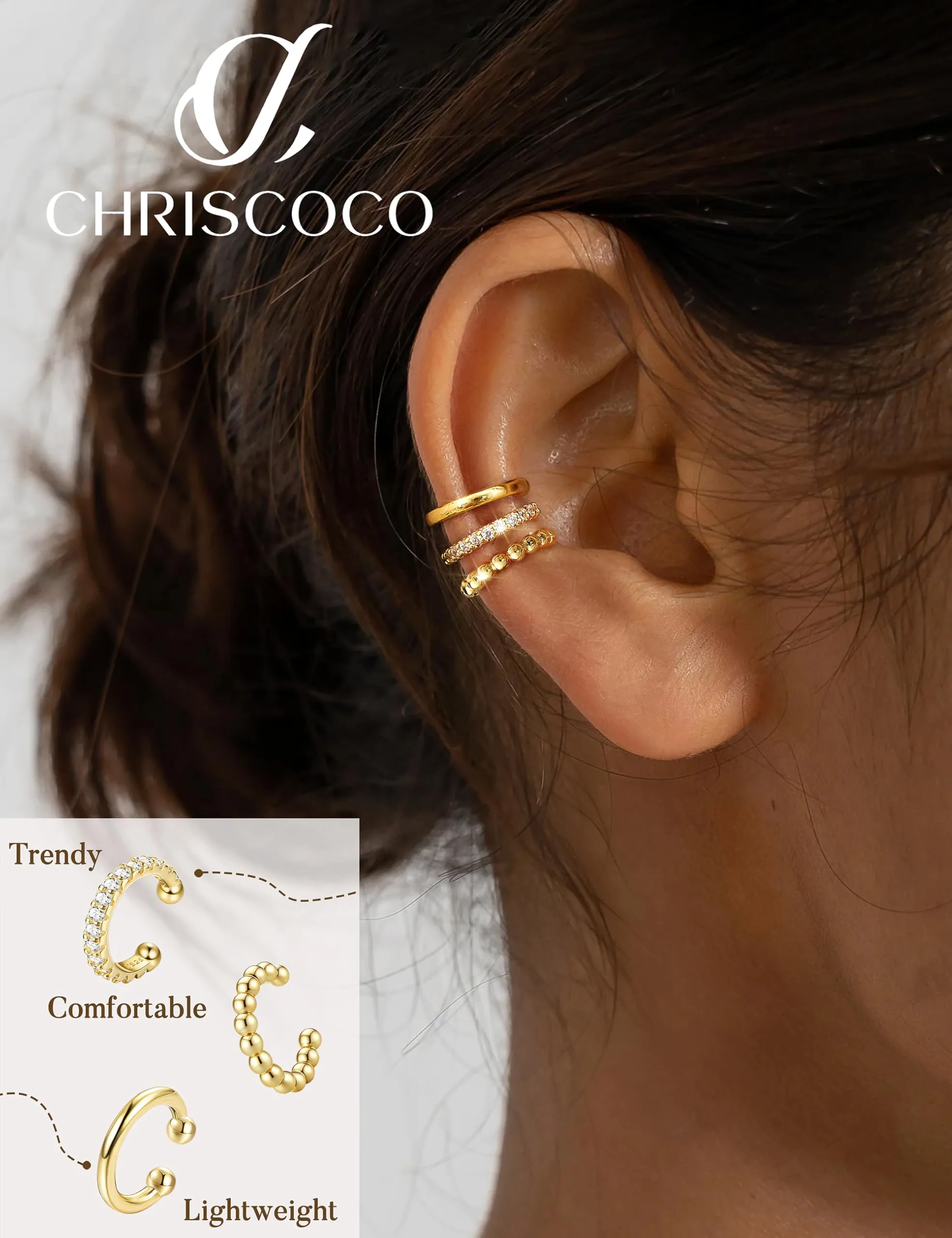 Chriscoco 3Pcs Ear Cuff Argento 925 Orecchini Senza Buco Donna Regolabile - immagine 4