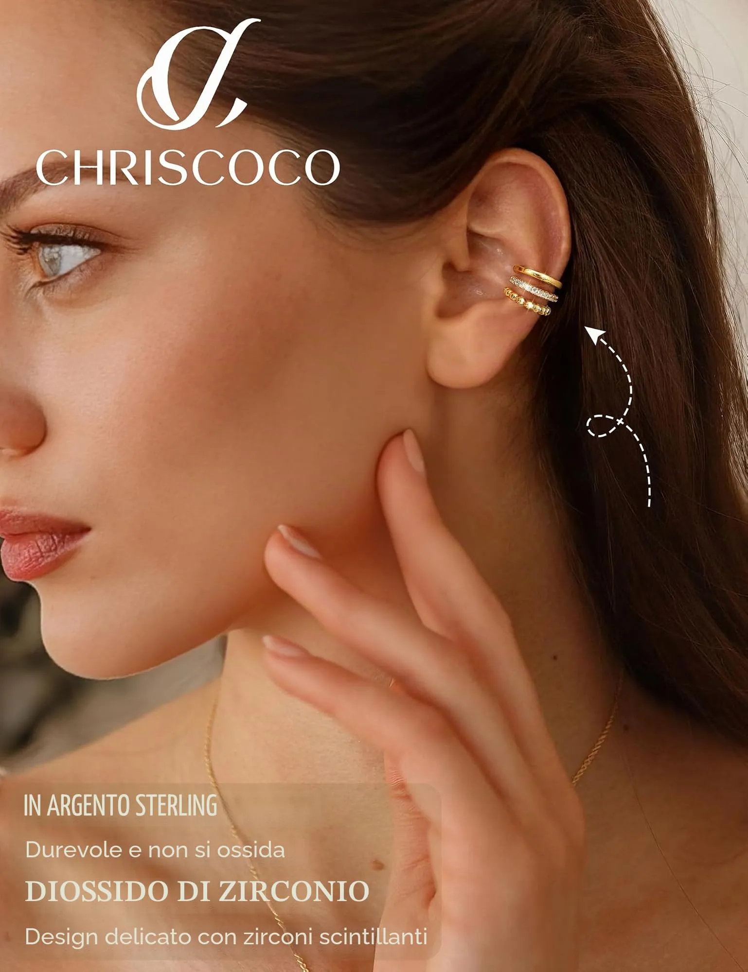 Chriscoco 3Pcs Ear Cuff Argento 925 Orecchini Senza Buco Donna Regolabile - immagine 5
