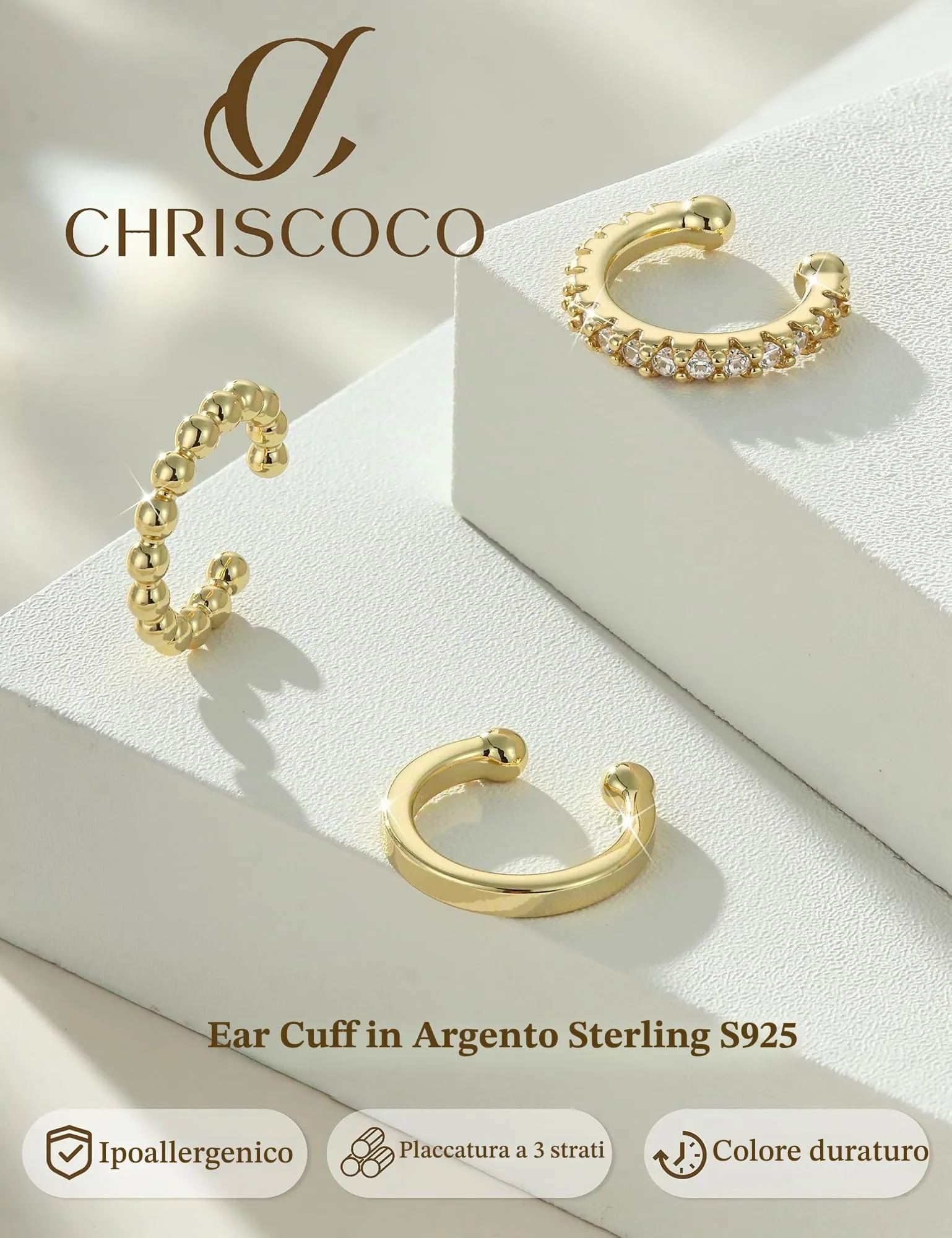 Chriscoco 3Pcs Ear Cuff Argento 925 Orecchini Senza Buco Donna Regolabile - immagine 6