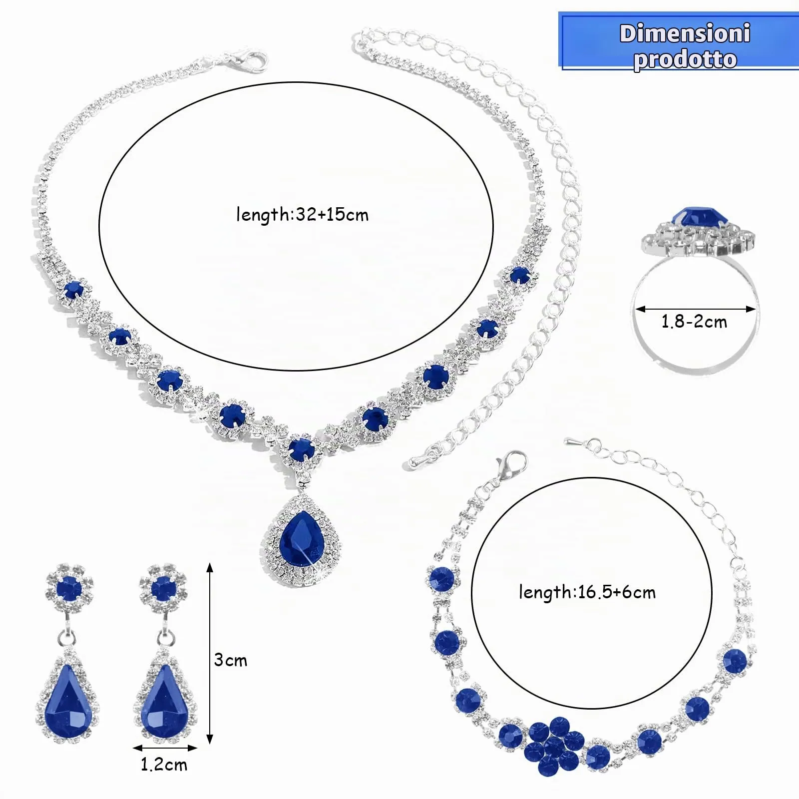 LjFrexia Parure di Gioielli per Donna, Set 4 Pezzi con Goccia d'Acqua Zircone Collana, Braccialetto, Orecchini e Anello, Set di Gioielli da Sposa, per Feste e Matrimonio, Blu - immagine 2