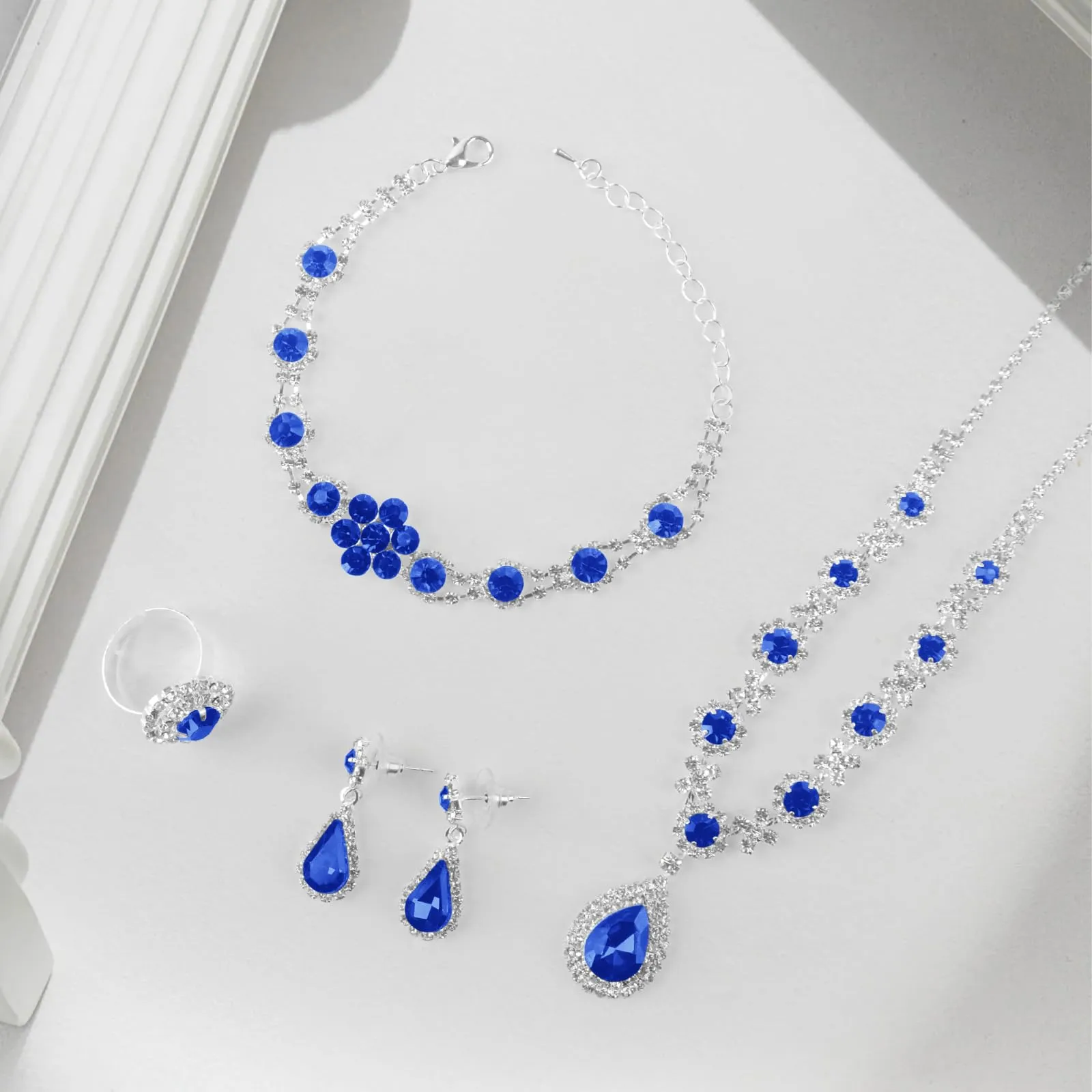 LjFrexia Parure di Gioielli per Donna, Set 4 Pezzi con Goccia d'Acqua Zircone Collana, Braccialetto, Orecchini e Anello, Set di Gioielli da Sposa, per Feste e Matrimonio, Blu - immagine 3