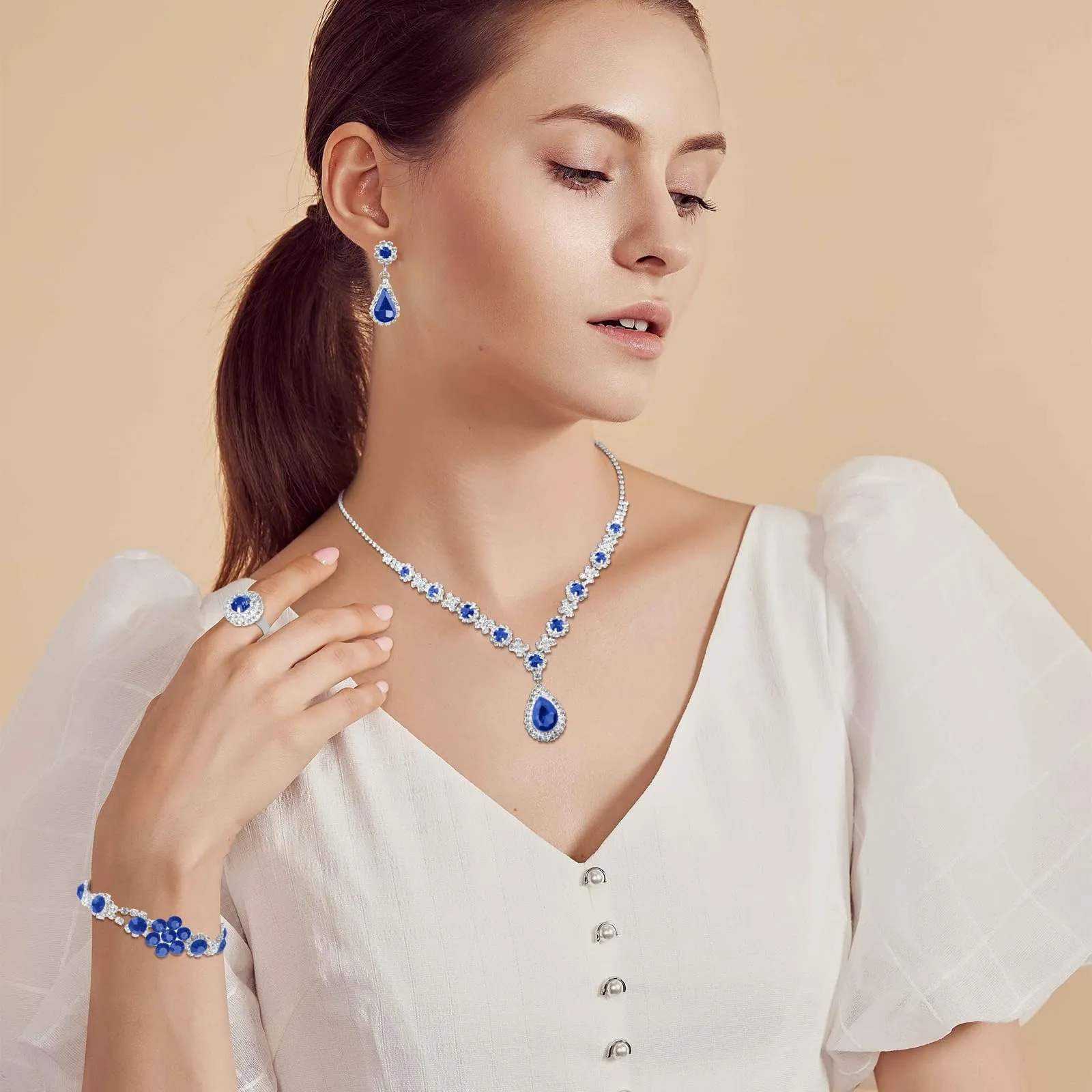 LjFrexia Parure di Gioielli per Donna, Set 4 Pezzi con Goccia d'Acqua Zircone Collana, Braccialetto, Orecchini e Anello, Set di Gioielli da Sposa, per Feste e Matrimonio, Blu - immagine 4