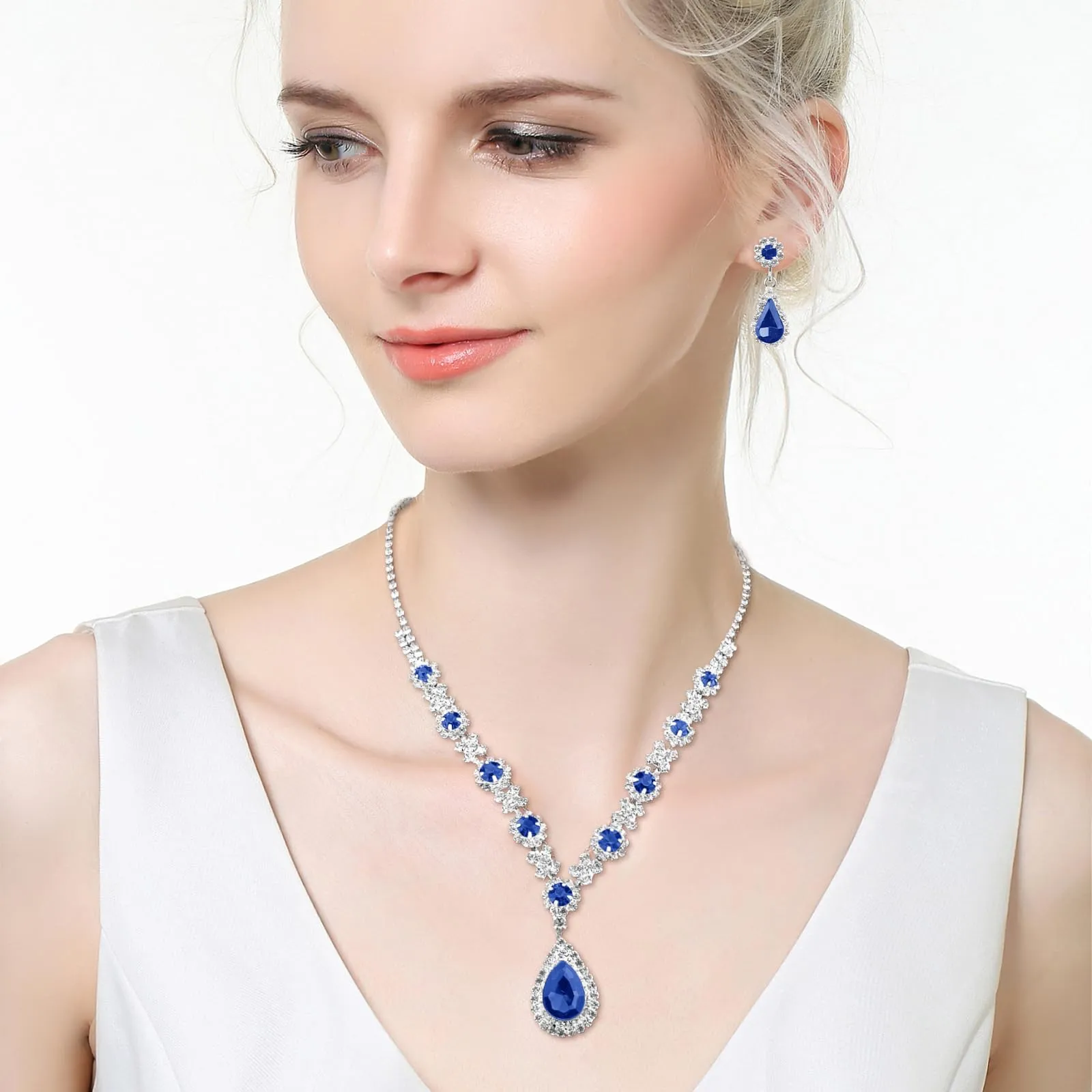 LjFrexia Parure di Gioielli per Donna, Set 4 Pezzi con Goccia d'Acqua Zircone Collana, Braccialetto, Orecchini e Anello, Set di Gioielli da Sposa, per Feste e Matrimonio, Blu - immagine 5