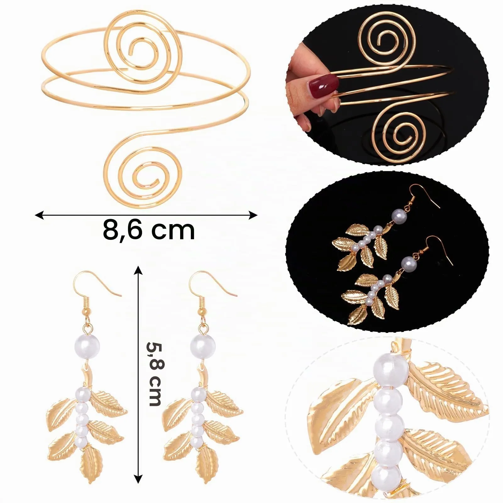 Set di Accessori per Costume da Dea Greca, Corona di Foglie Romane, Bracciali da Braccio, Orecchini Pendenti, Dea Greca Gioielli Costume Accessori per Feste, Matrimonio, Halloween, Carnevale (Oro-B) - immagine 2