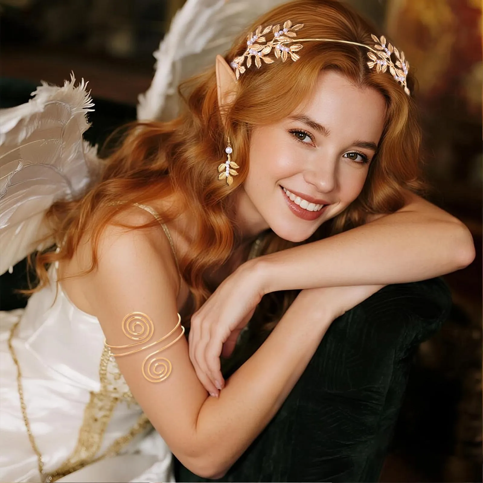 Set di Accessori per Costume da Dea Greca, Corona di Foglie Romane, Bracciali da Braccio, Orecchini Pendenti, Dea Greca Gioielli Costume Accessori per Feste, Matrimonio, Halloween, Carnevale (Oro-B) - immagine 5