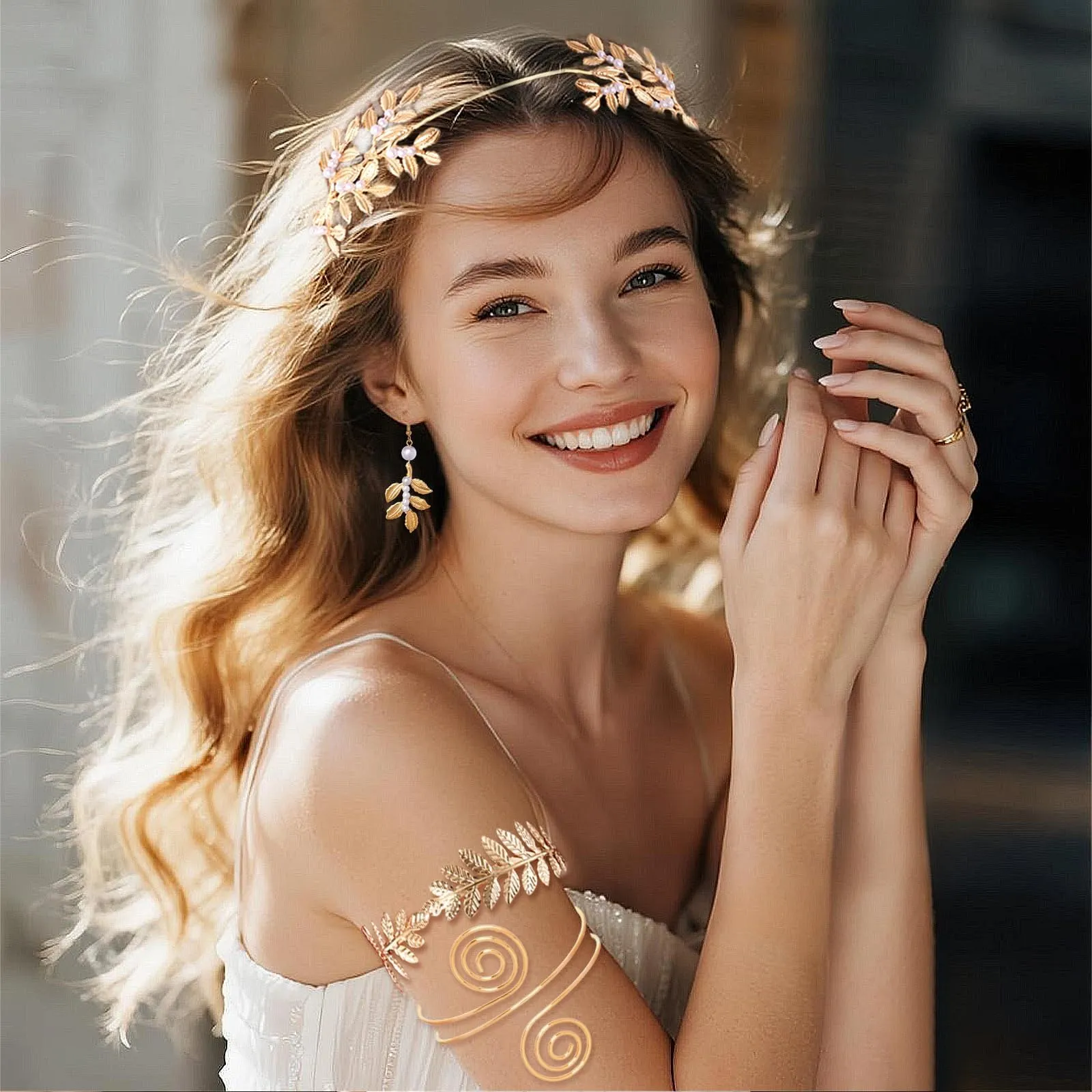 Set di Accessori per Costume da Dea Greca, Corona di Foglie Romane, Bracciali da Braccio, Orecchini Pendenti, Dea Greca Gioielli Costume Accessori per Feste, Matrimonio, Halloween, Carnevale (Oro-B) - immagine 6