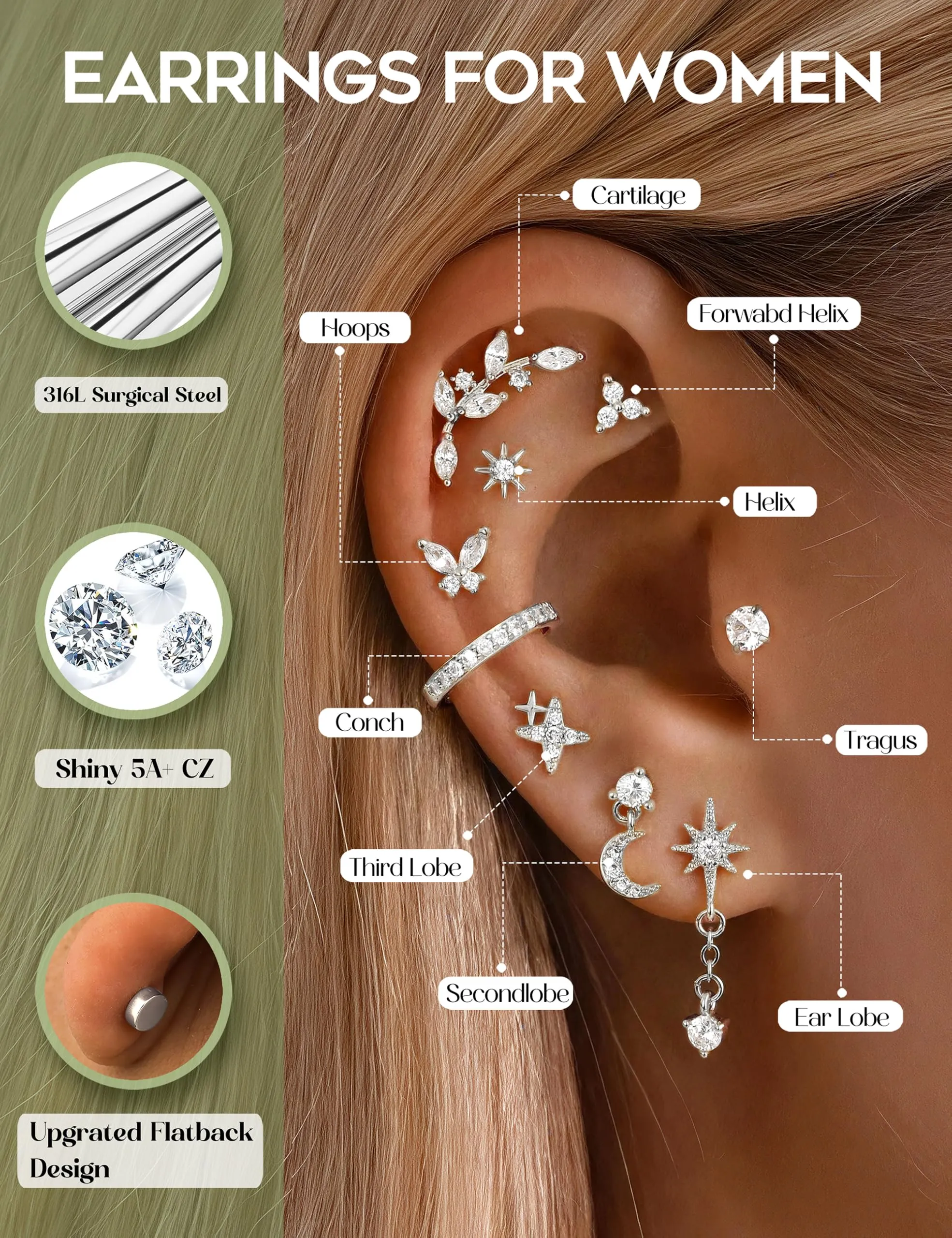 CASSIECA 21Pcs Orecchini Donna Acciaio Inossidabile Piercing Orecchio Helix - immagine 4