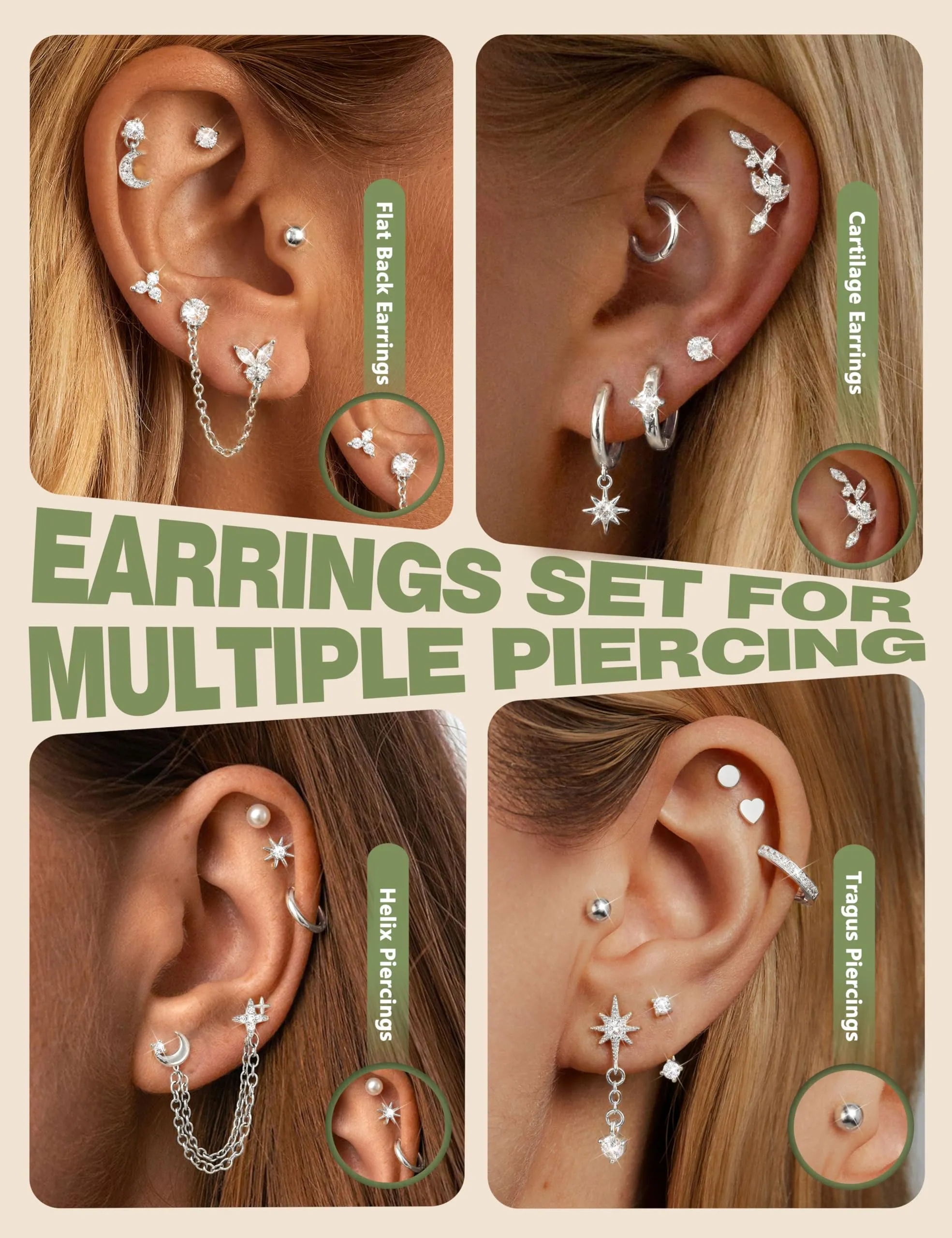 CASSIECA 21Pcs Orecchini Donna Acciaio Inossidabile Piercing Orecchio Helix - immagine 5