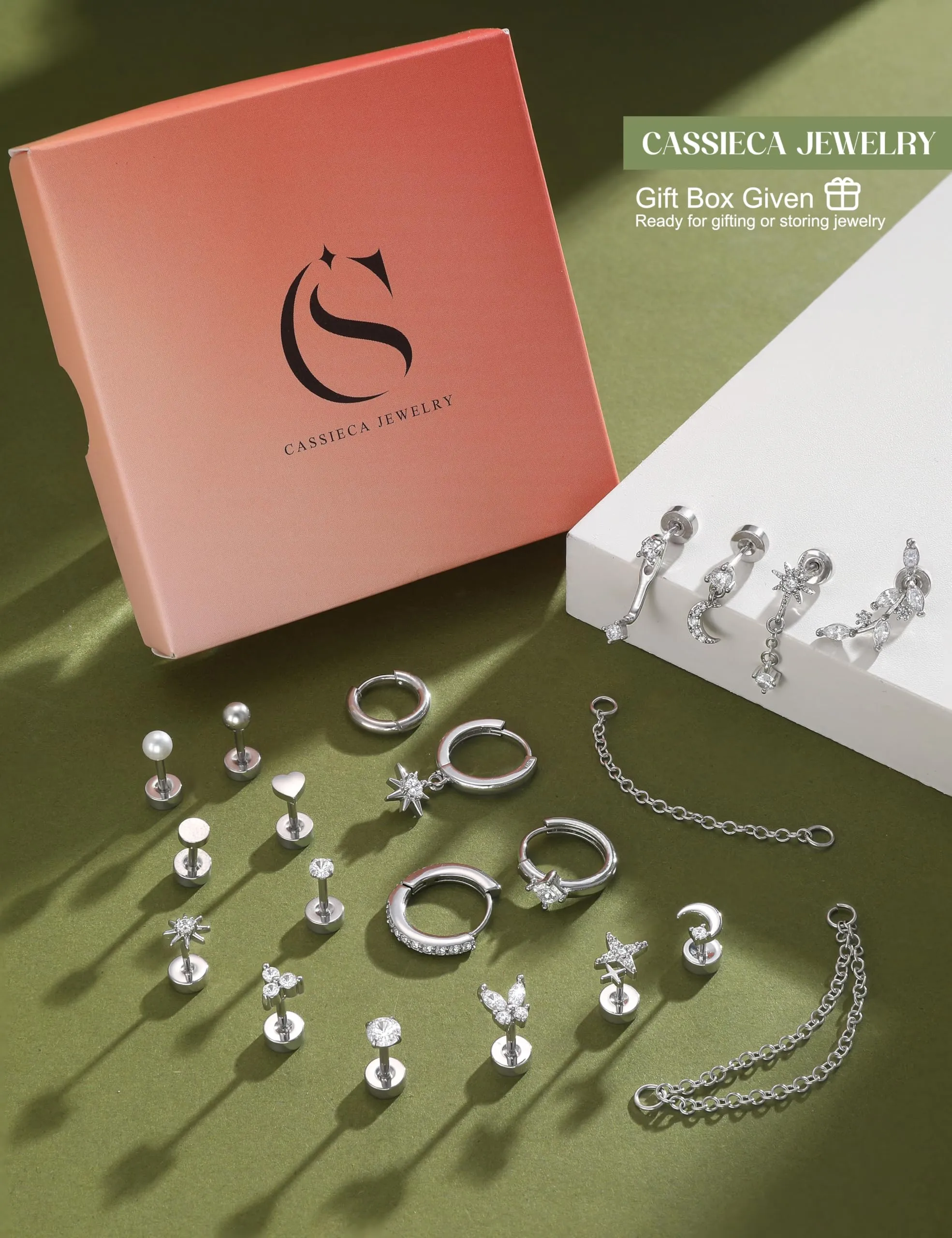 CASSIECA 21Pcs Orecchini Donna Acciaio Inossidabile Piercing Orecchio Helix - immagine 6