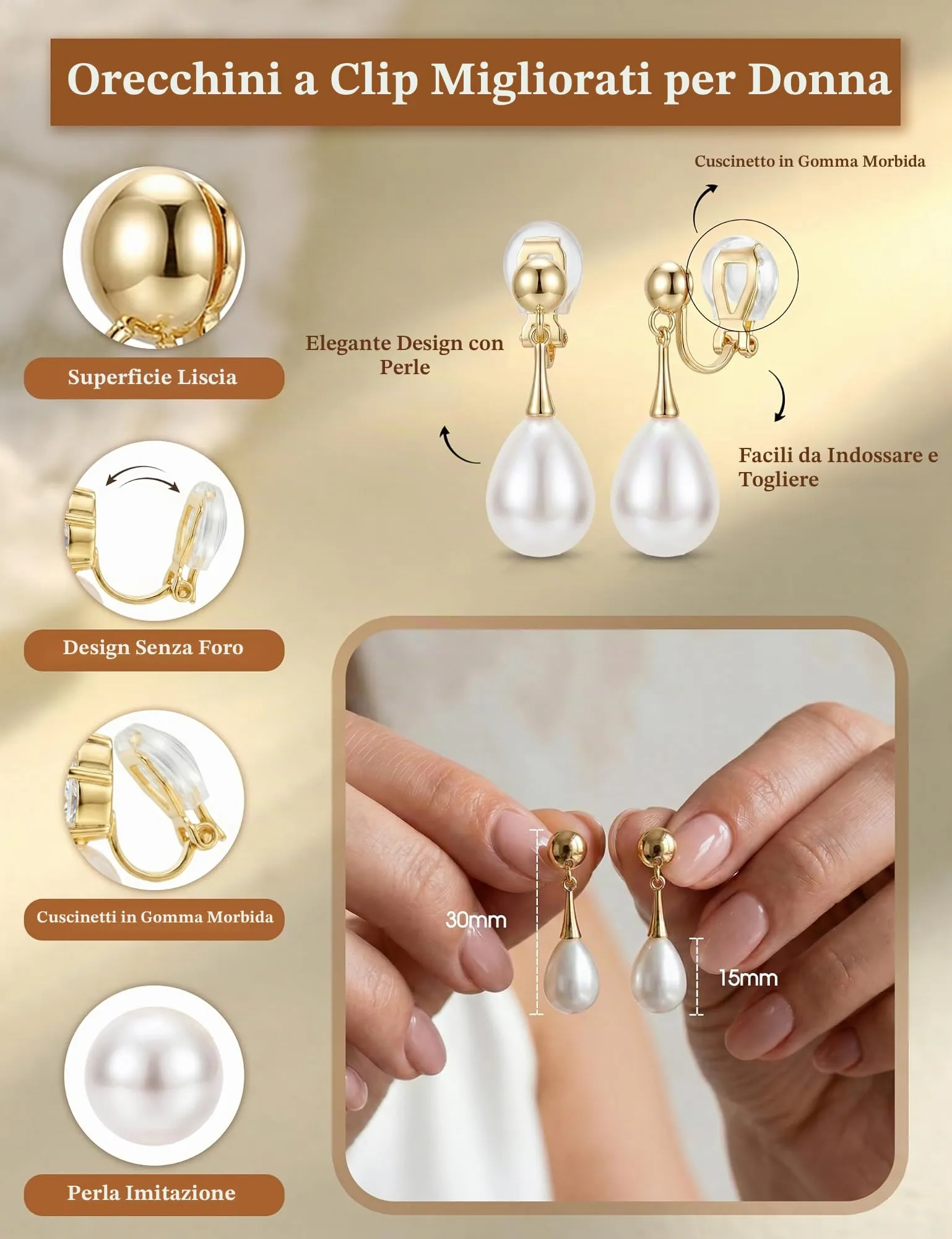 CASSIECA Orecchini Clip Donna Orecchini Shell-Perles Senza Buco per Donna - immagine 2