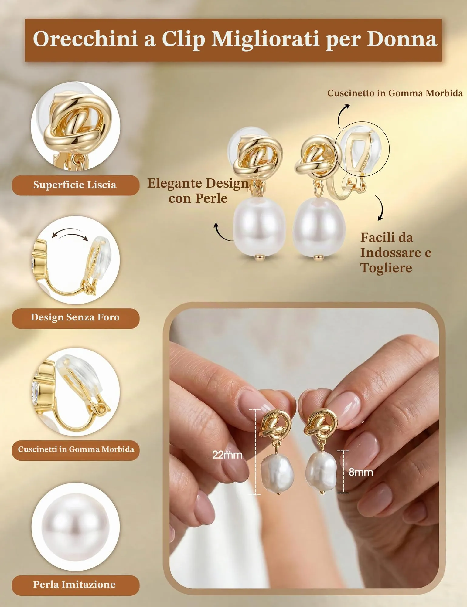 CASSIECA Orecchini Clip Donna Orecchini Shell-Perles Senza Buco per Donna - immagine 2