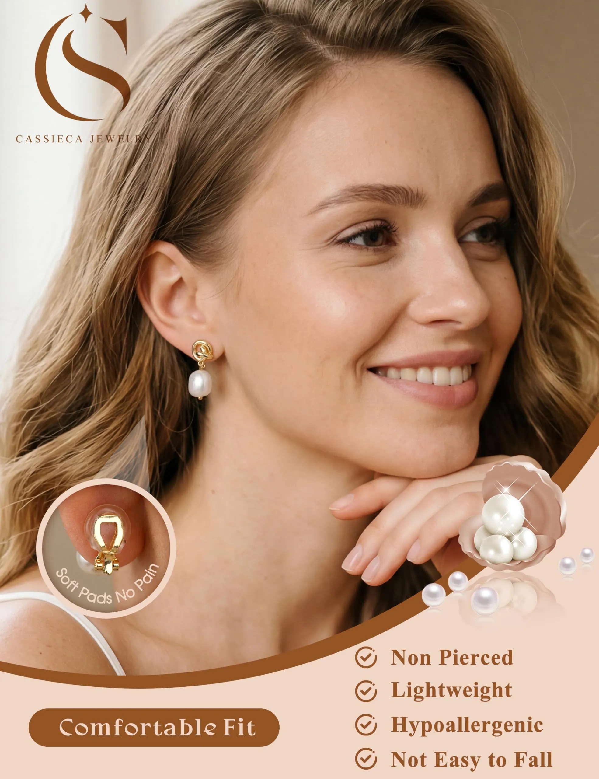 CASSIECA Orecchini Clip Donna Orecchini Shell-Perles Senza Buco per Donna - immagine 3