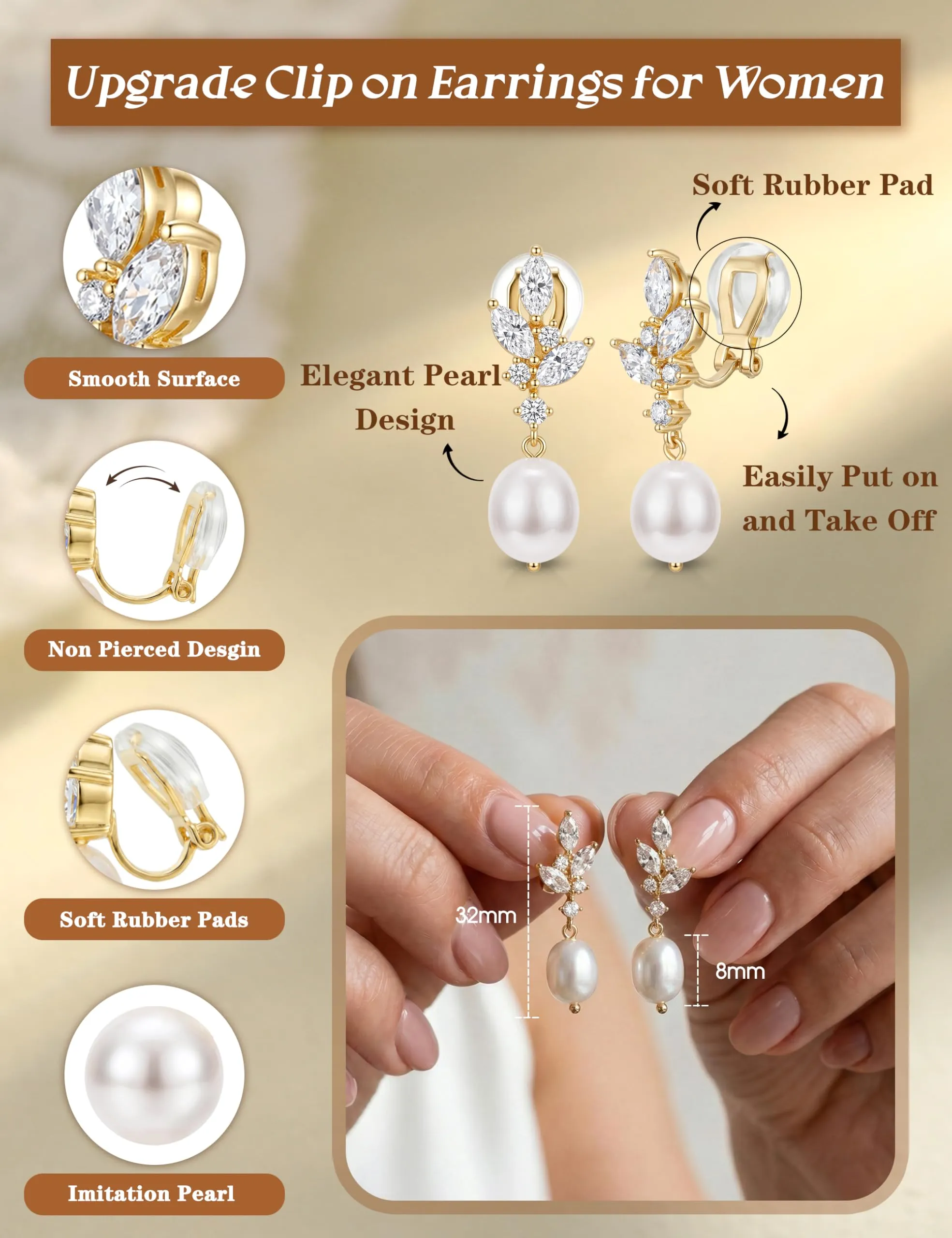 CASSIECA Orecchini Clip Donna Orecchini Shell-Perles Senza Buco per Donna - immagine 2
