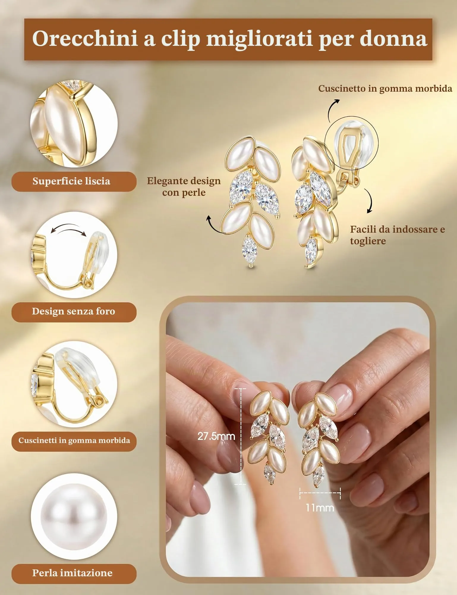 CASSIECA Orecchini Clip Donna Orecchini Shell-Perles Senza Buco per Donna - immagine 2