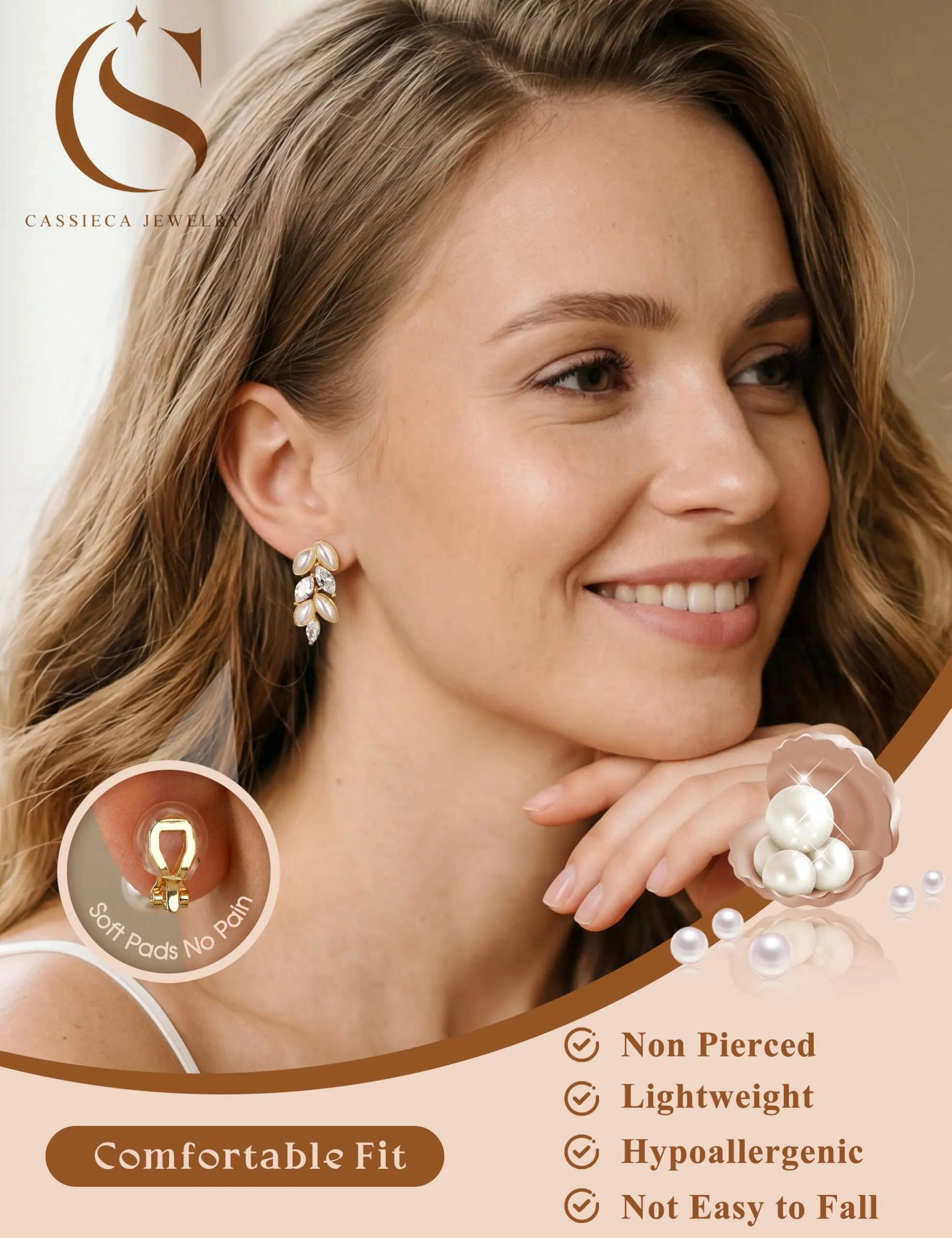 CASSIECA Orecchini Clip Donna Orecchini Shell-Perles Senza Buco per Donna - immagine 3