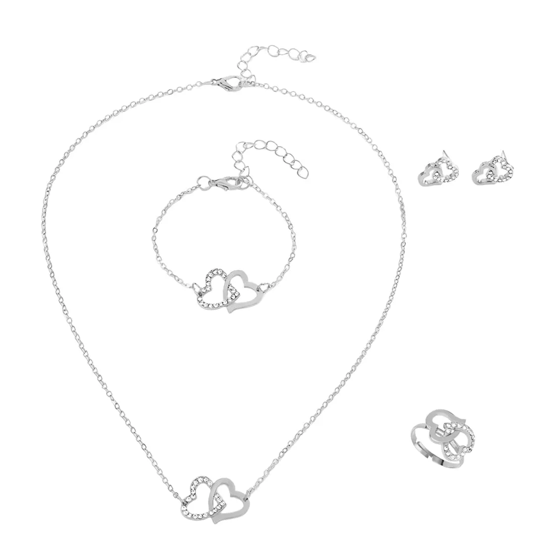Bcenoilua Parure Gioielli per Donna Ragazze Acciaio Inossidabile Placcato Oro Collana Orecchini Bracciali Anello Parure in Argento con Strass Cuore Pendente Set di Gioielli (Argento, Taglia unica) - immagine 1
