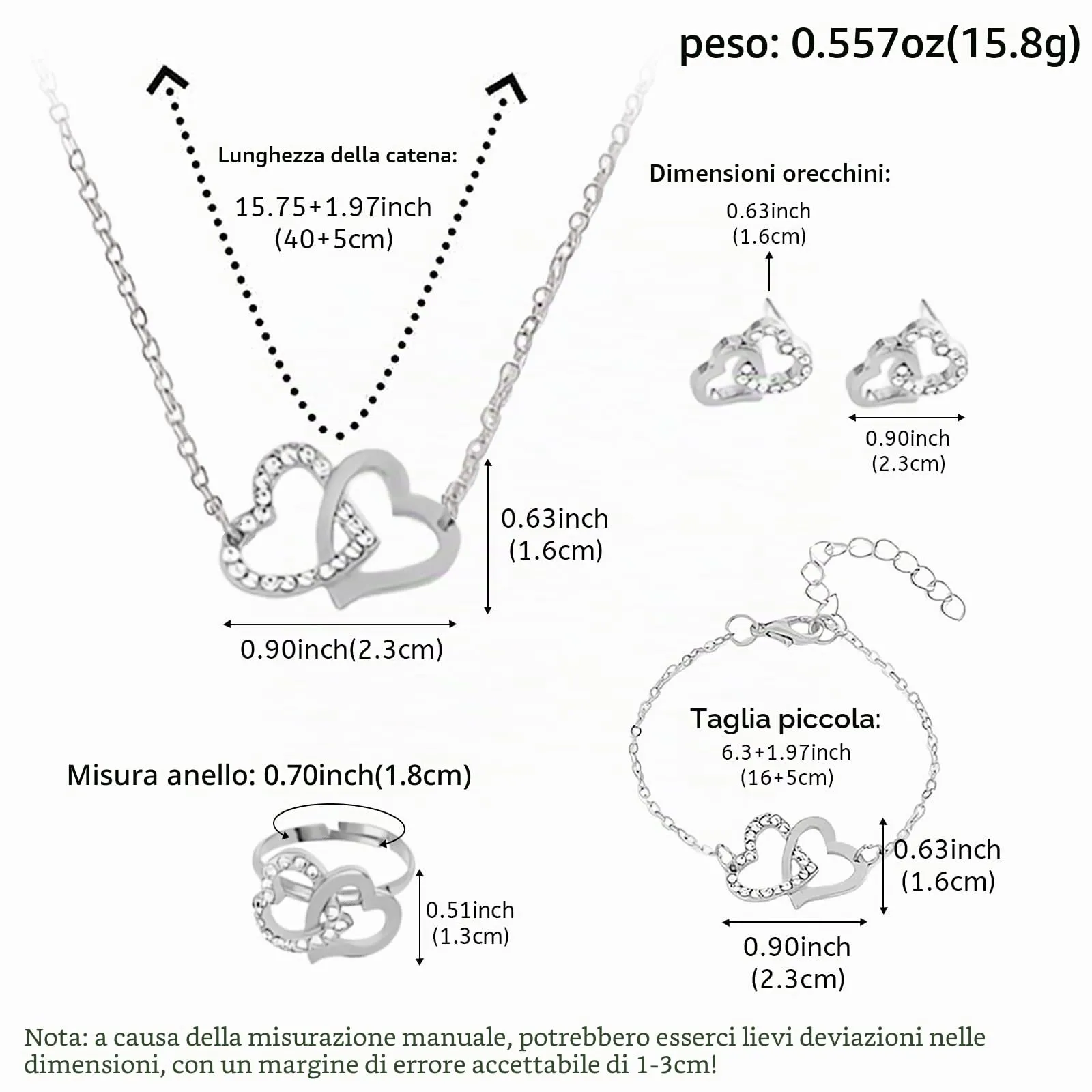 Bcenoilua Parure Gioielli per Donna Ragazze Acciaio Inossidabile Placcato Oro Collana Orecchini Bracciali Anello Parure in Argento con Strass Cuore Pendente Set di Gioielli (Argento, Taglia unica) - immagine 2