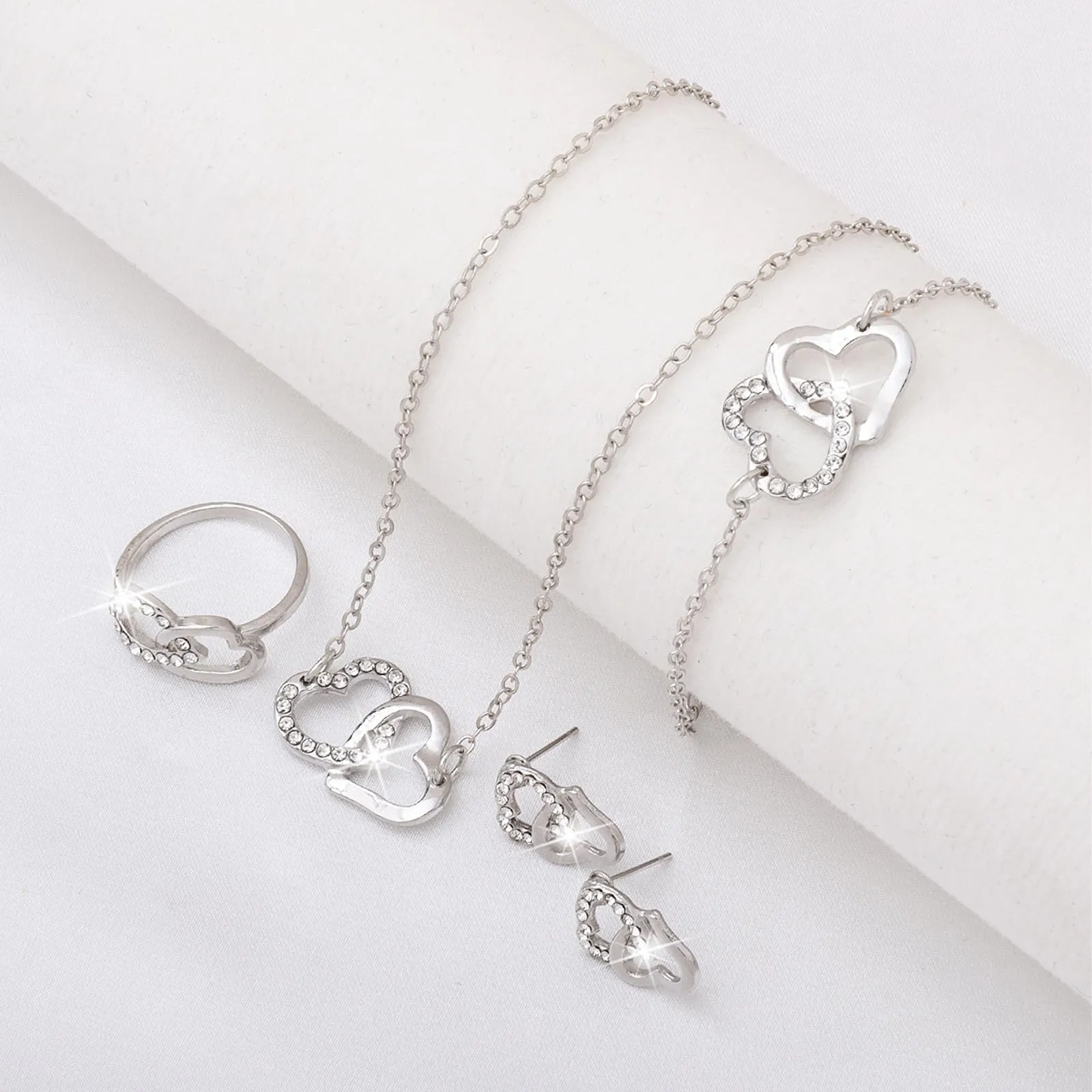 Bcenoilua Parure Gioielli per Donna Ragazze Acciaio Inossidabile Placcato Oro Collana Orecchini Bracciali Anello Parure in Argento con Strass Cuore Pendente Set di Gioielli (Argento, Taglia unica) - immagine 4
