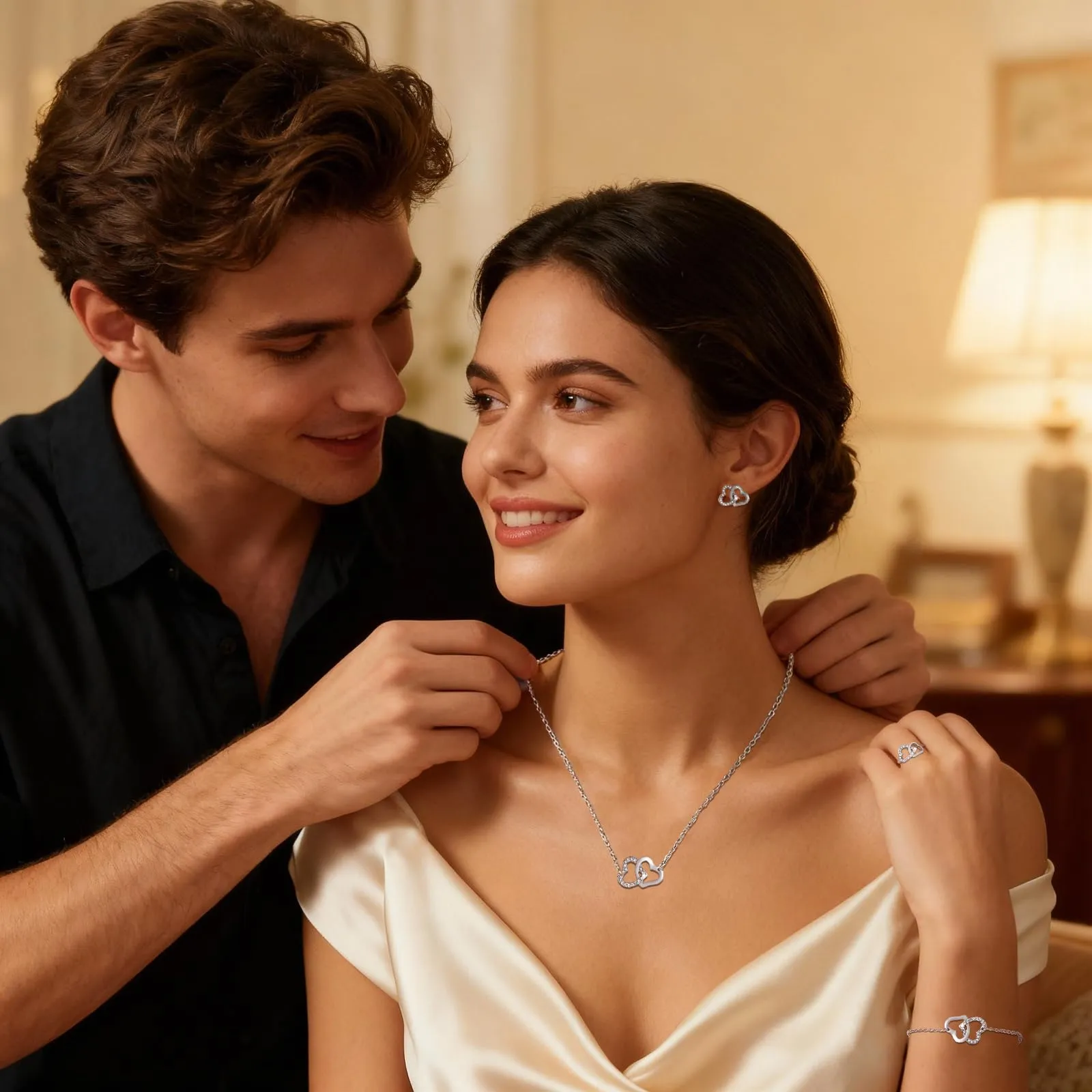 Bcenoilua Parure Gioielli per Donna Ragazze Acciaio Inossidabile Placcato Oro Collana Orecchini Bracciali Anello Parure in Argento con Strass Cuore Pendente Set di Gioielli (Argento, Taglia unica) - immagine 5