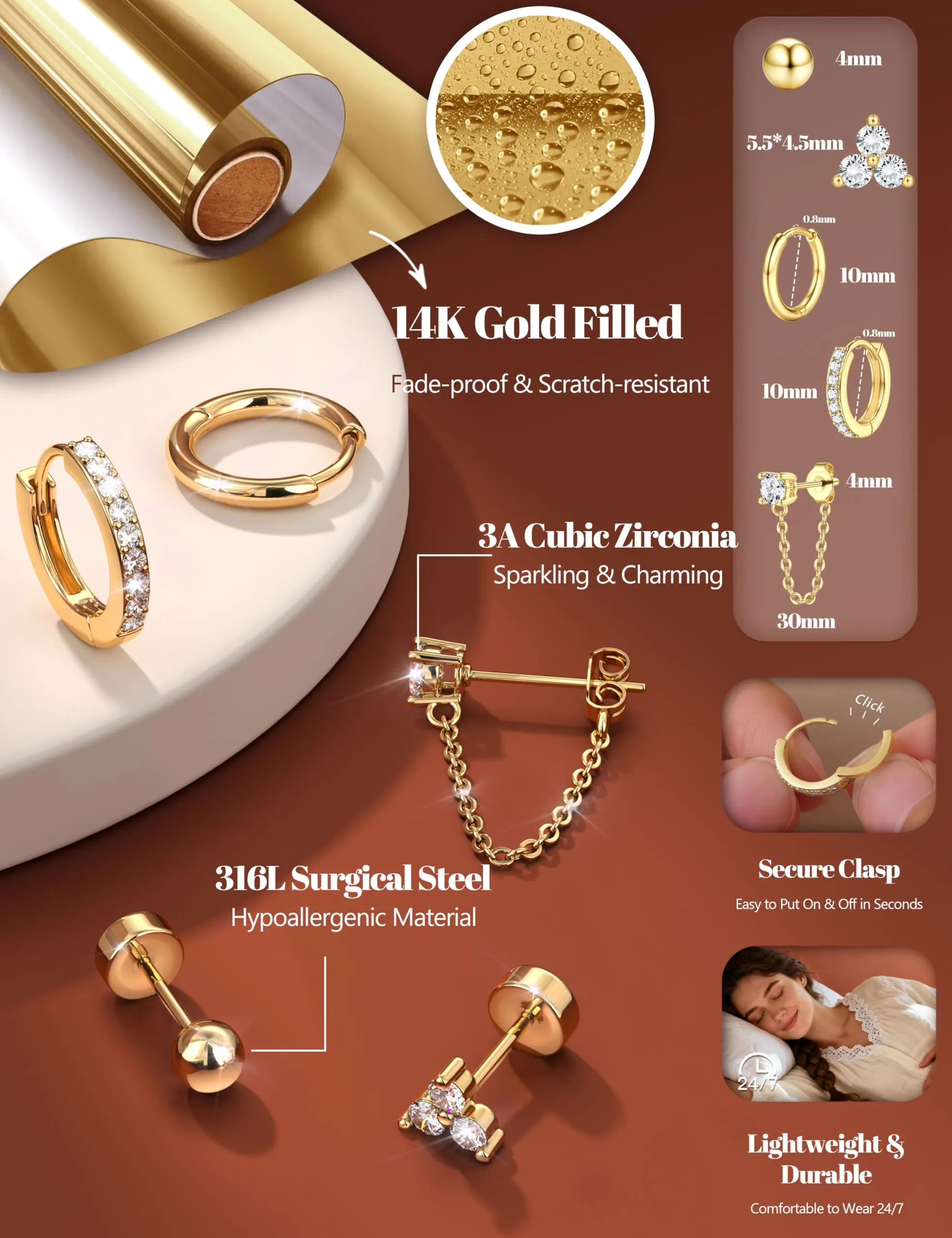 Diamday 5/7 Paia Orecchini Donna Placcato 14K Set Orecchini - immagine 3