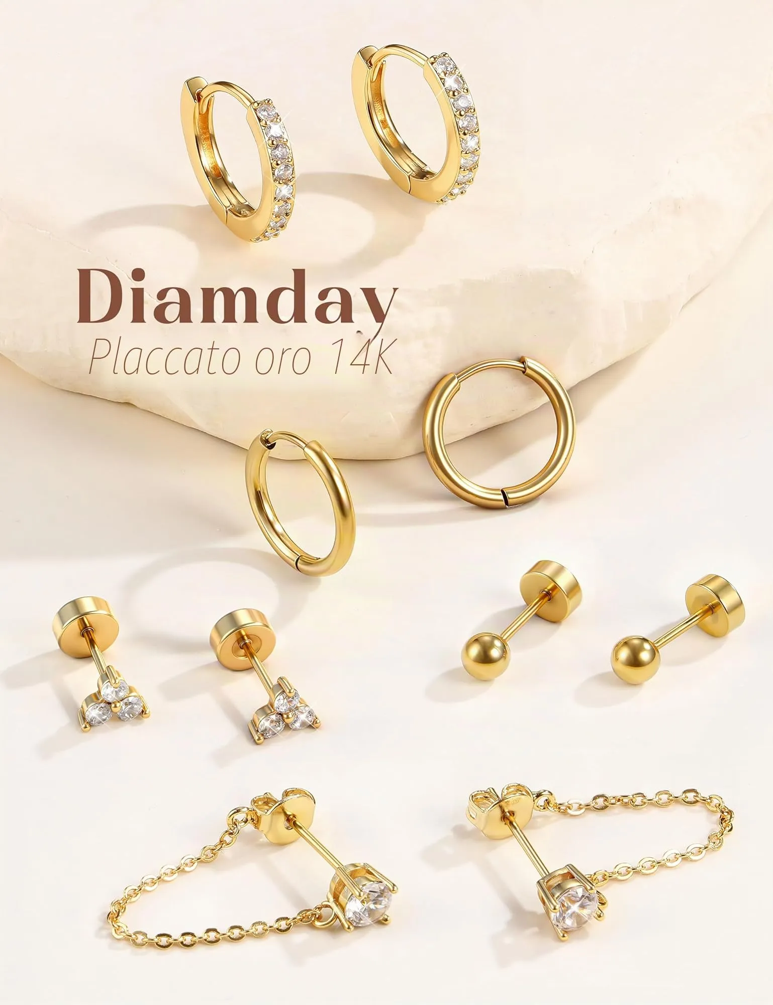 Diamday 5/7 Paia Orecchini Donna Placcato 14K Set Orecchini - immagine 6