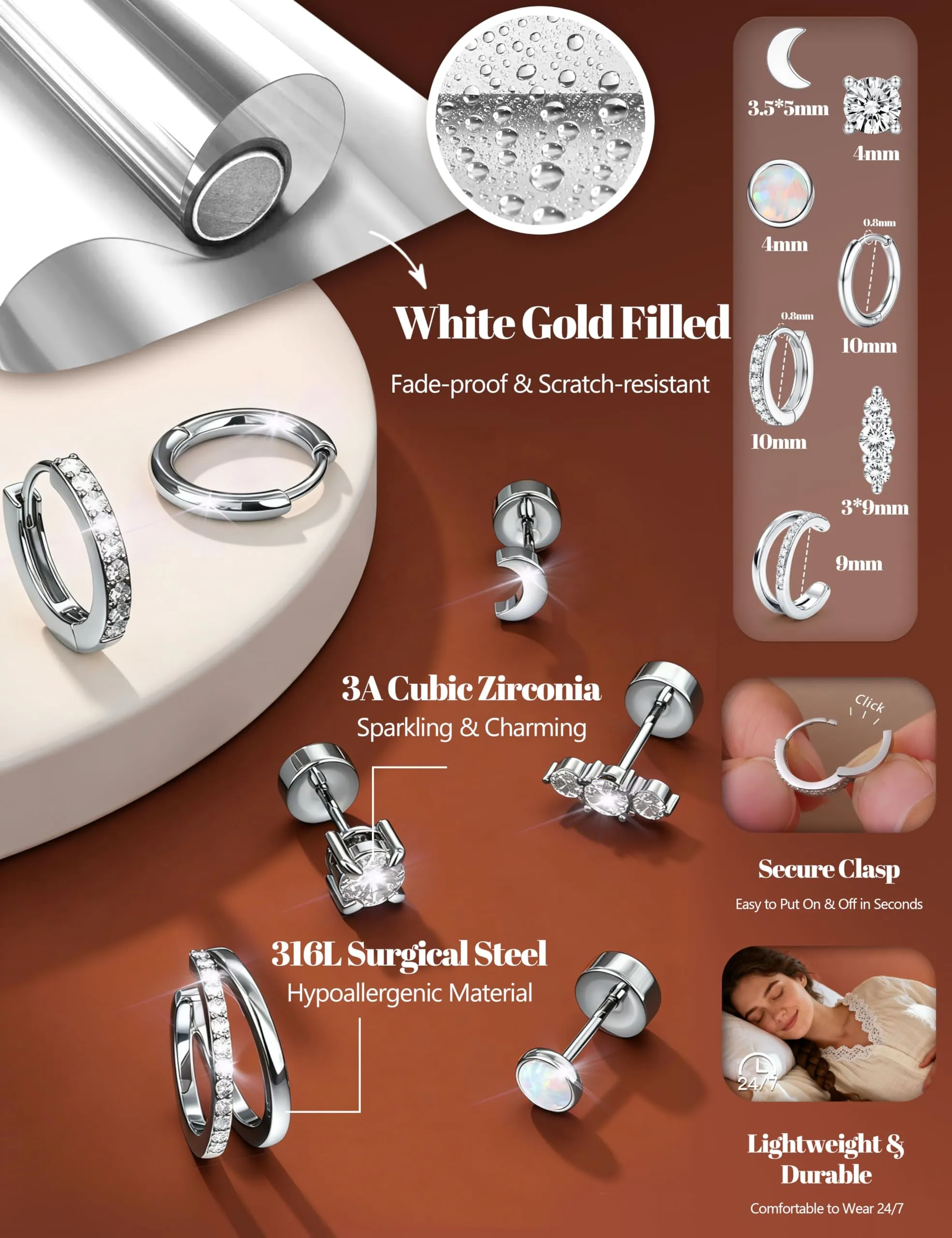 Diamday 5/7 Paia Orecchini Donna Placcato Set Orecchini - immagine 3