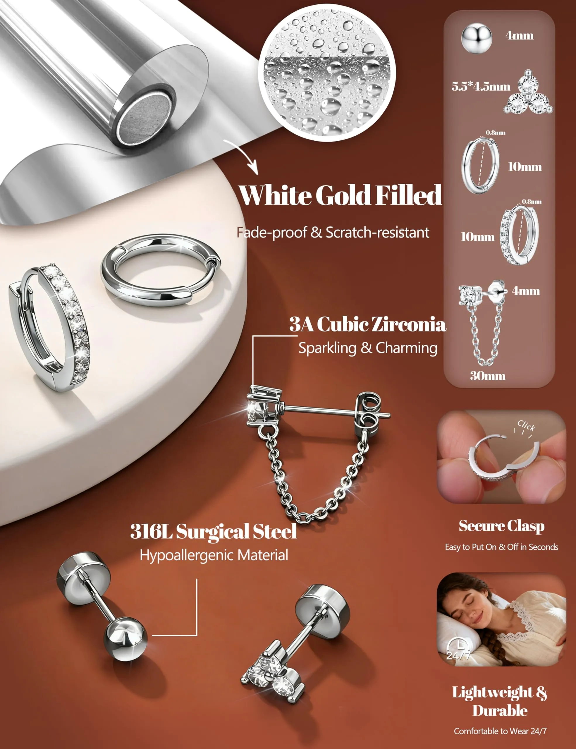 Diamday 5/7 Paia Orecchini Donna Placcato Set Orecchini - immagine 3