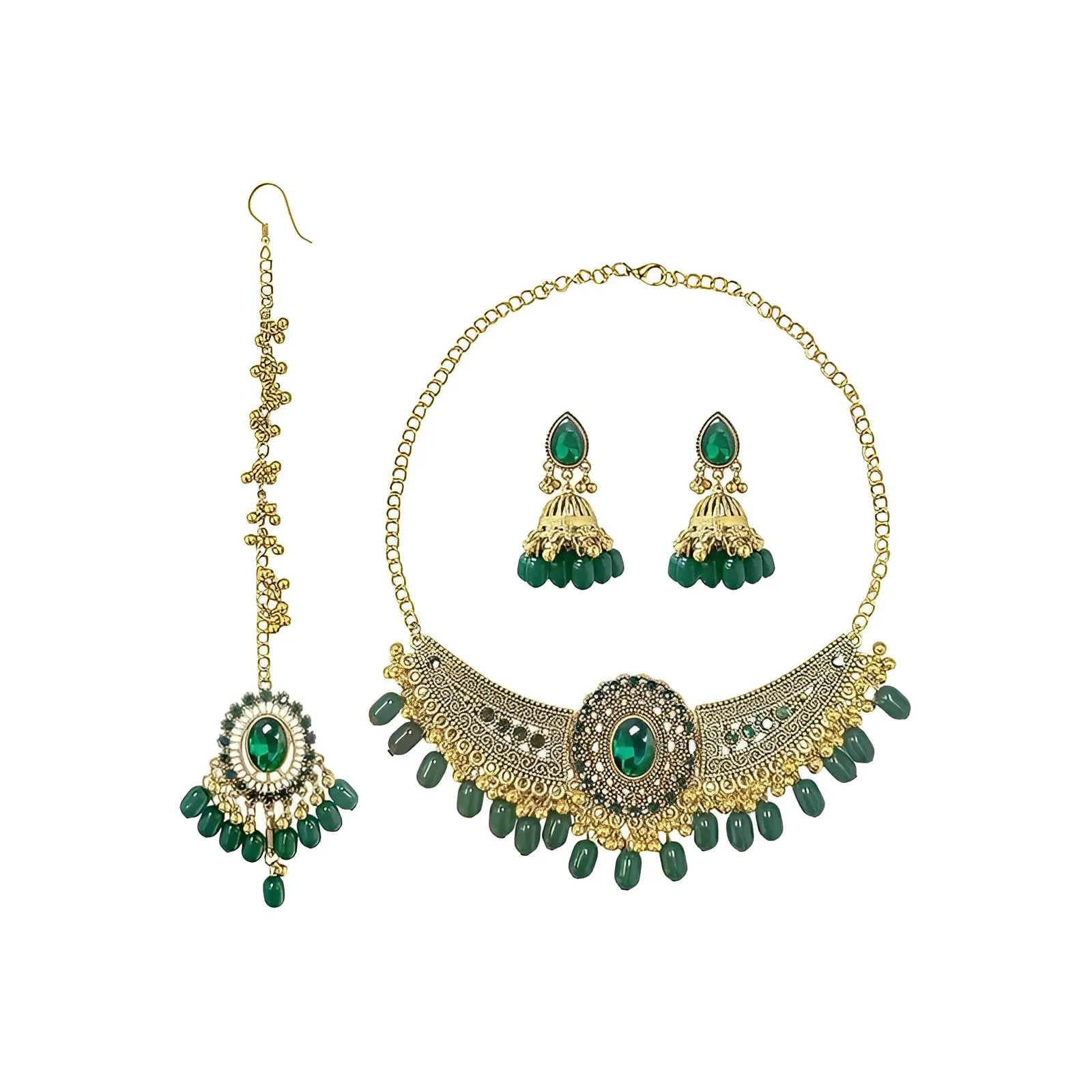 IMINI Set di gioielli tradizionali Kundan, collana, orecchini Jhumka e Maang Tikka, accessori da sposa e matrimonio per donne, feste etniche e festival, Medium, Metallo, Zirconia cubica - immagine 1
