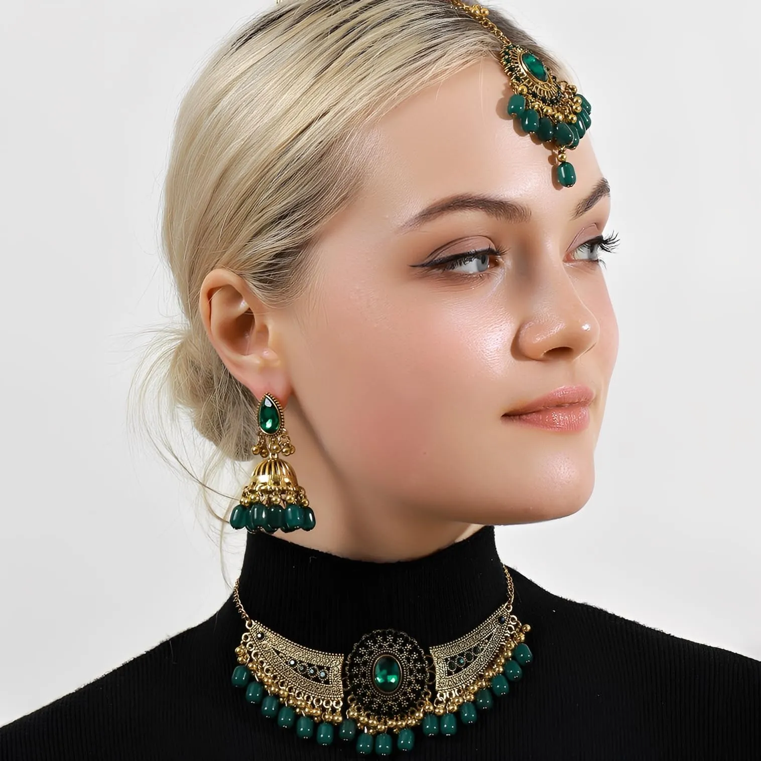 IMINI Set di gioielli tradizionali Kundan, collana, orecchini Jhumka e Maang Tikka, accessori da sposa e matrimonio per donne, feste etniche e festival, Medium, Metallo, Zirconia cubica - immagine 4