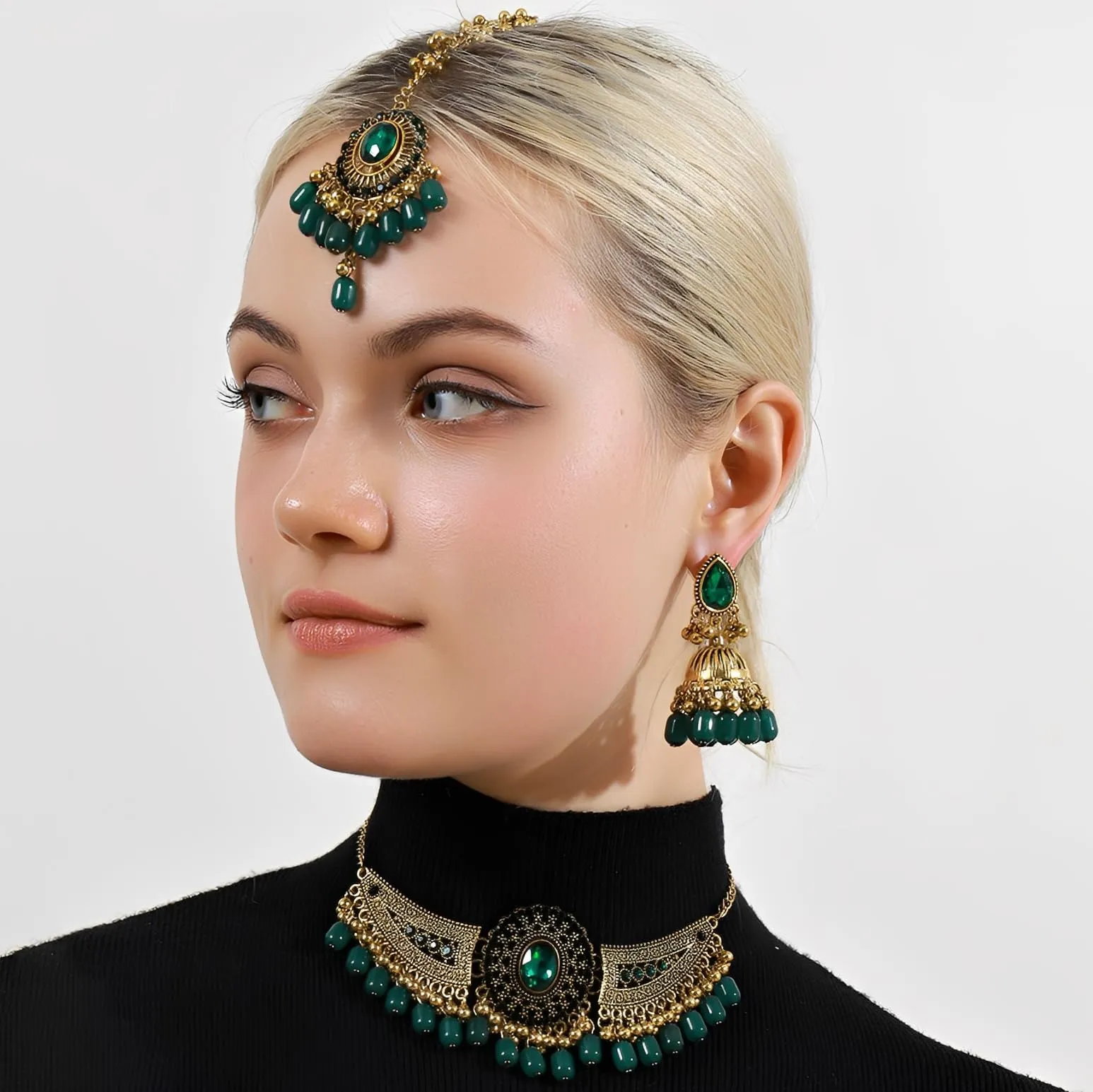 IMINI Set di gioielli tradizionali Kundan, collana, orecchini Jhumka e Maang Tikka, accessori da sposa e matrimonio per donne, feste etniche e festival, Medium, Metallo, Zirconia cubica - immagine 5