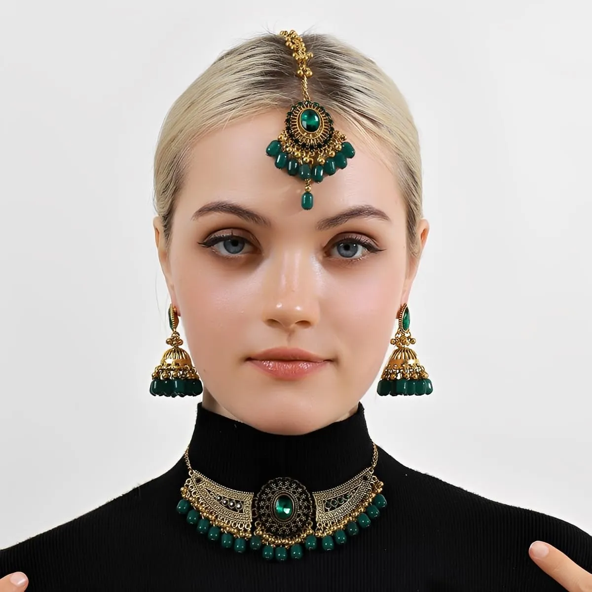 IMINI Set di gioielli tradizionali Kundan, collana, orecchini Jhumka e Maang Tikka, accessori da sposa e matrimonio per donne, feste etniche e festival, Medium, Metallo, Zirconia cubica - immagine 6
