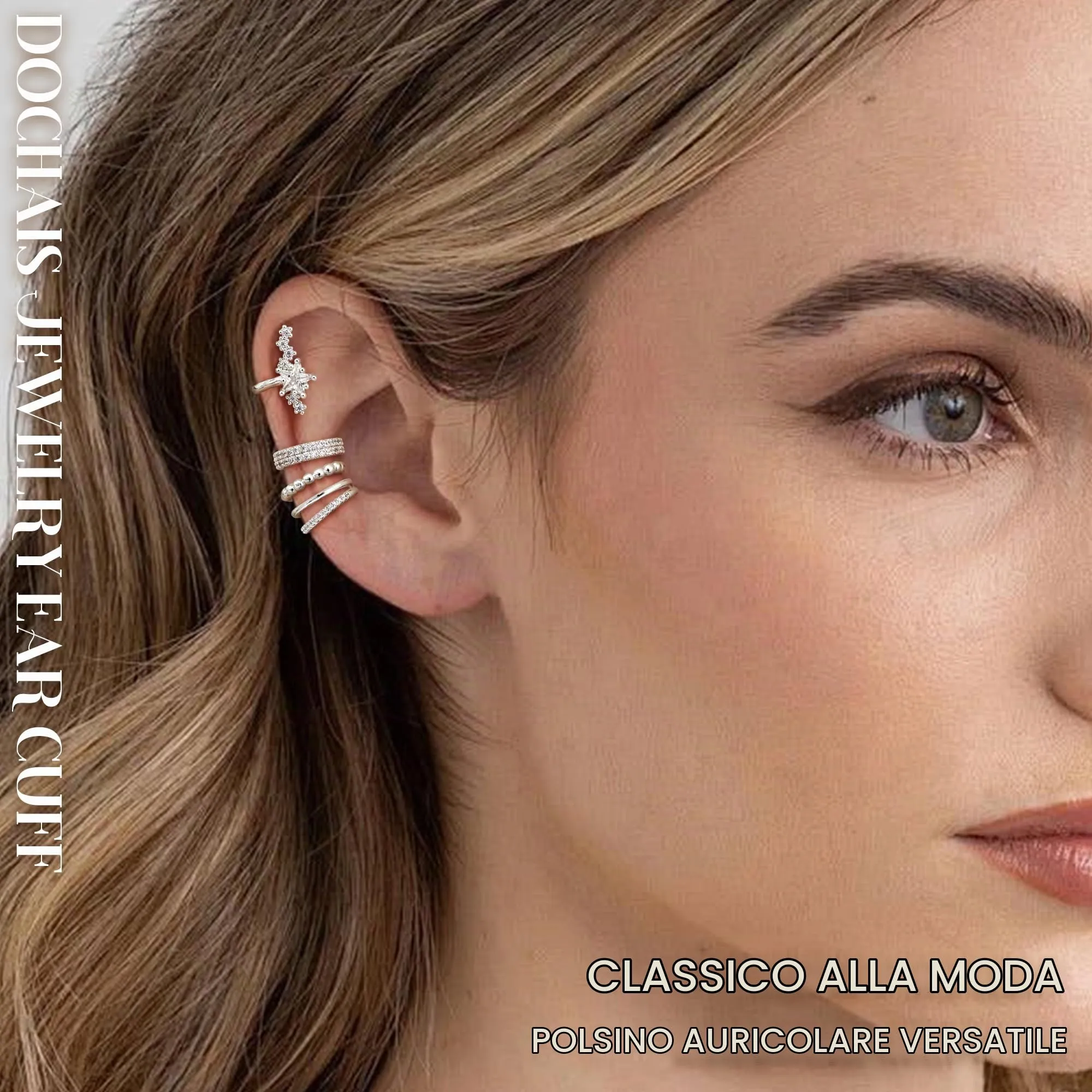 Dochais 5 Pezzi Ear Cuff Orecchini Donna Argento Color Orecchini Senza Buco Ear Cuff Orecchio Non Piercing Earcuffs Regolabile Ipoallergenici Orecchino Clip Donna per Cartilagine Finti per Ragazze - immagine 2