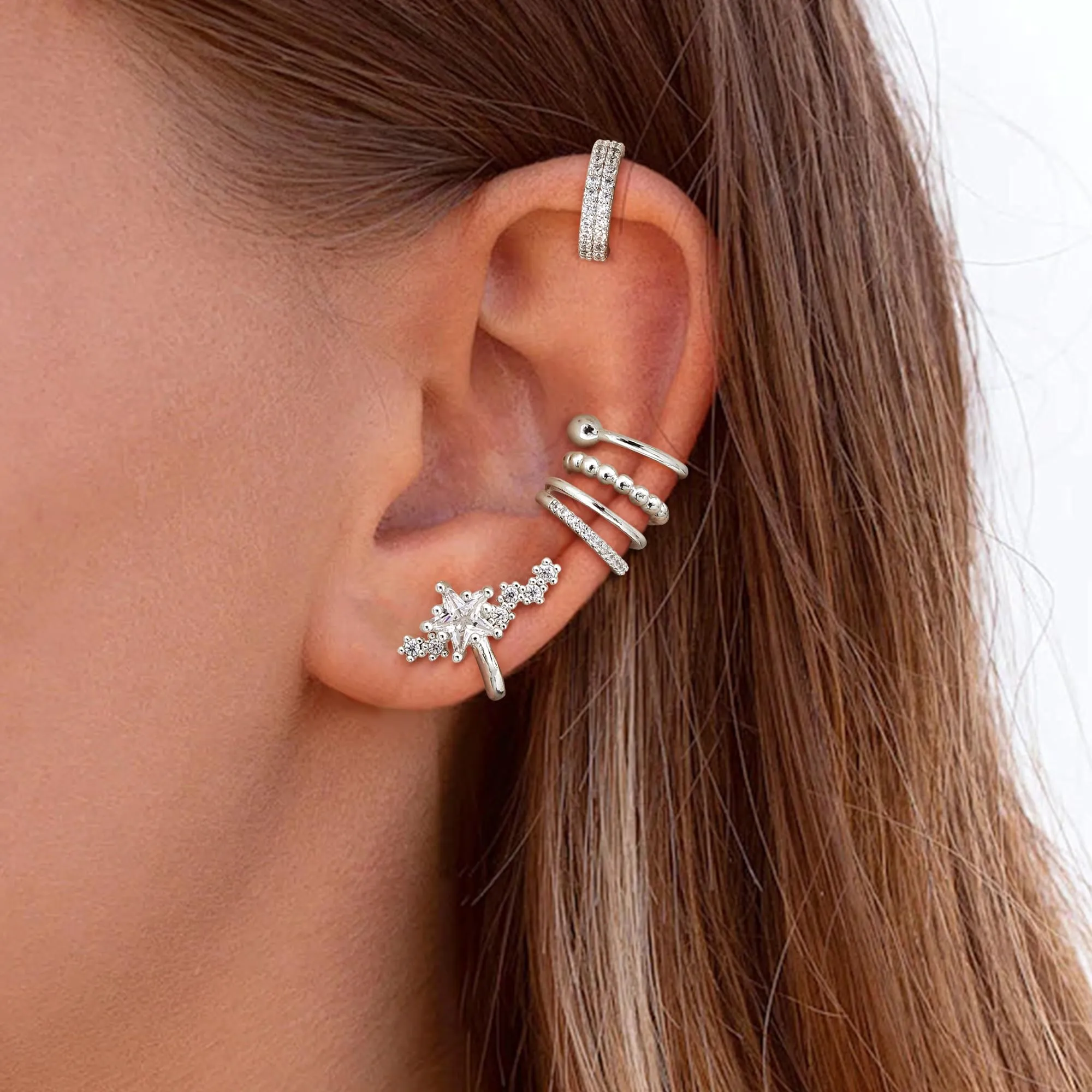 Dochais 5 Pezzi Ear Cuff Orecchini Donna Argento Color Orecchini Senza Buco Ear Cuff Orecchio Non Piercing Earcuffs Regolabile Ipoallergenici Orecchino Clip Donna per Cartilagine Finti per Ragazze - immagine 5