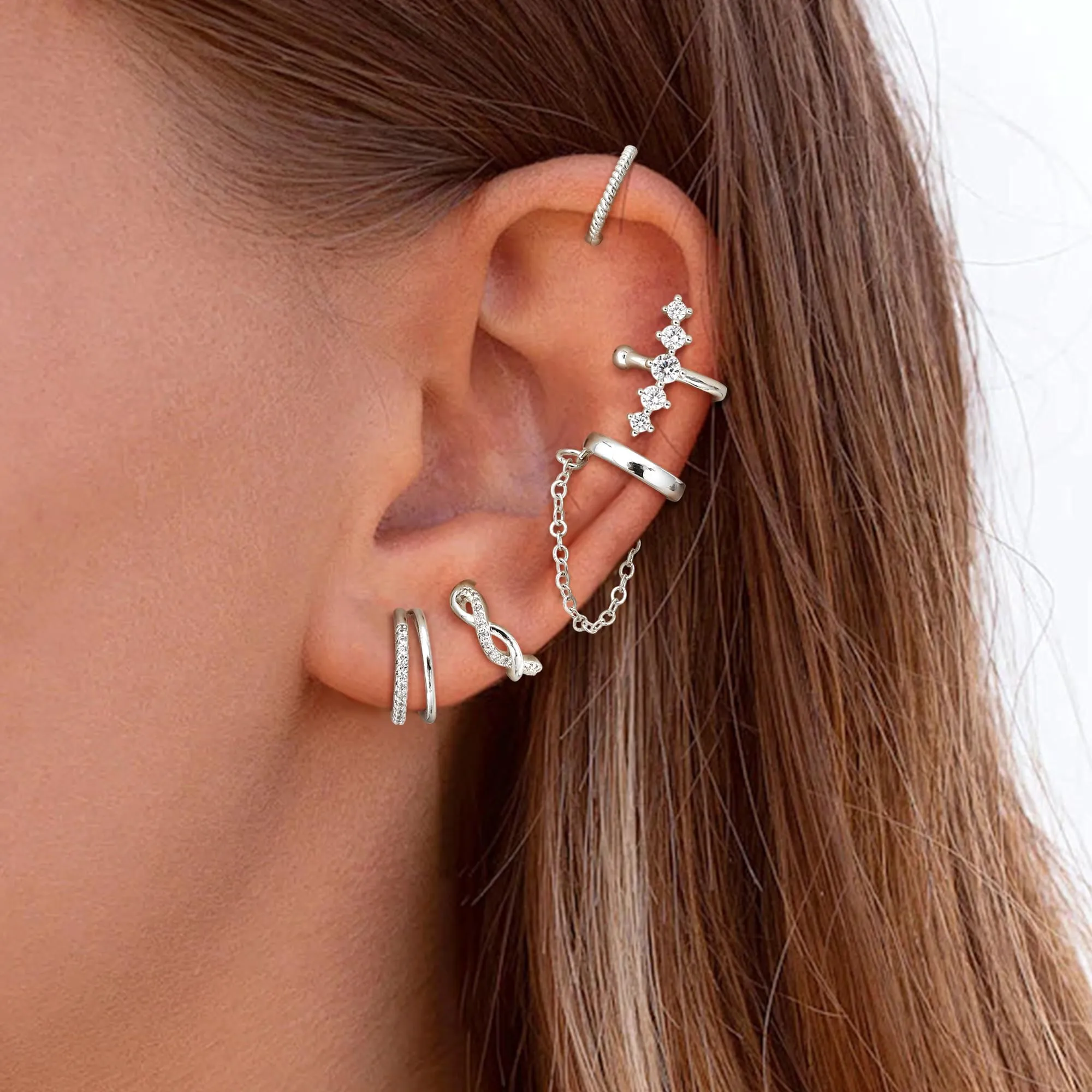 Dochais 5 Pezzi Ear Cuff Orecchini Donna Argento Color Orecchini Senza Buco Ear Cuff Orecchio Non Piercing Earcuffs Regolabile Ipoallergenici Orecchino Clip Donna per Cartilagine Finti per Ragazze - immagine 5